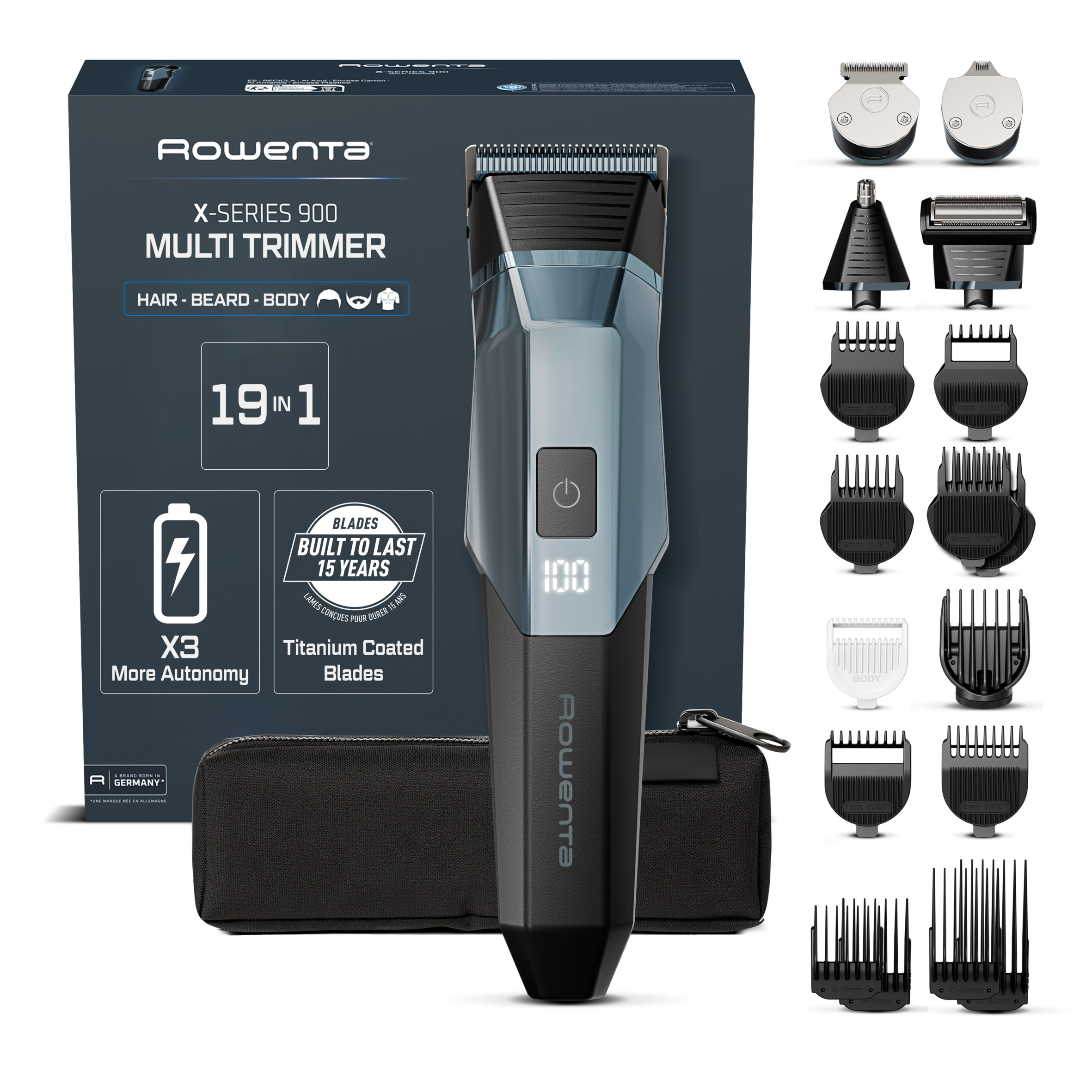 X-Series 900 de Rowenta, Recortadora todo en uno para hombre, Cuchillas con Revestimiento de Titanio, 360 min, 19 accesorios