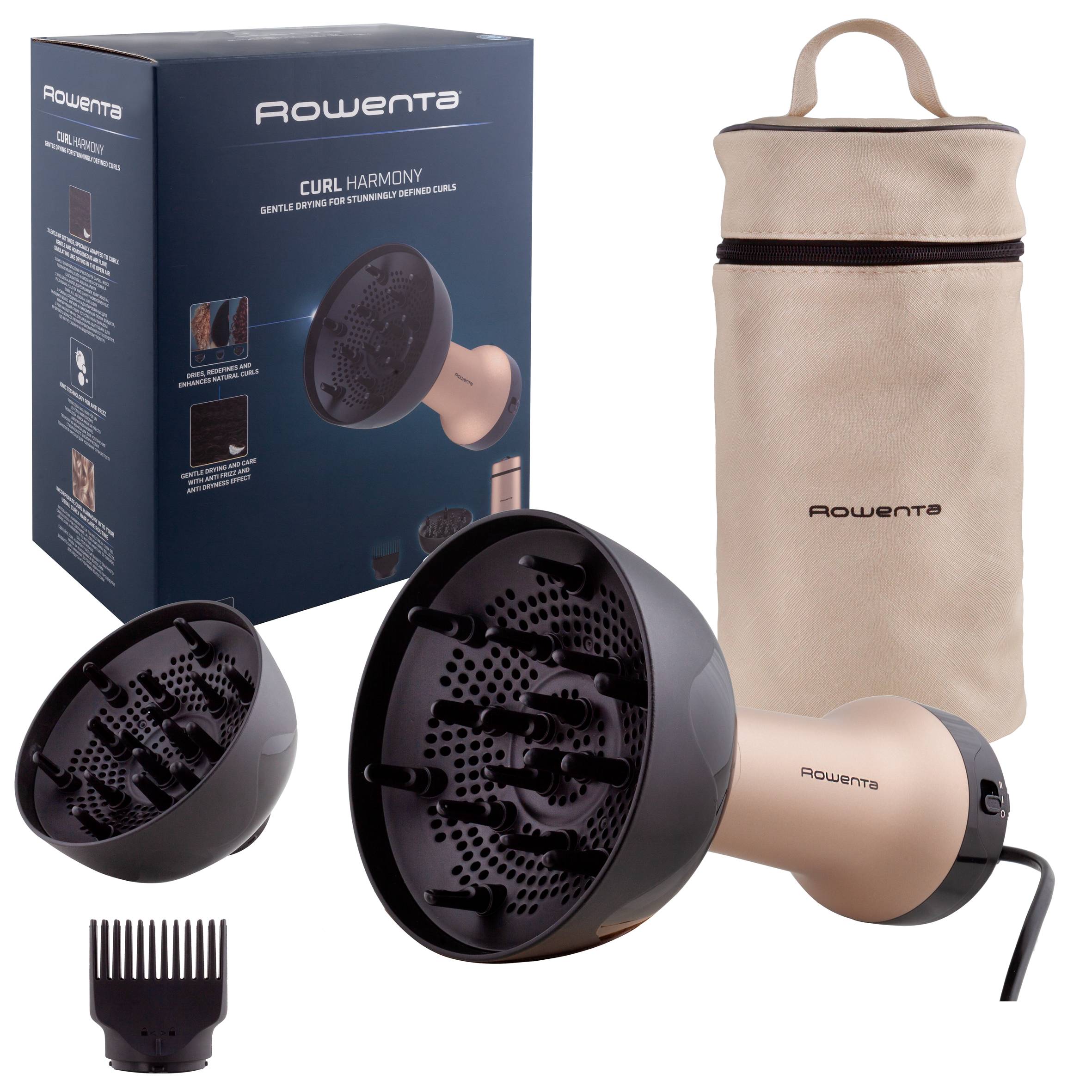 Curl Harmony de Rowenta, Difusor de aire caliente, 3 en 1, Para cabellos rizado, Diseño ergonómico, 3 accesorios y neceser