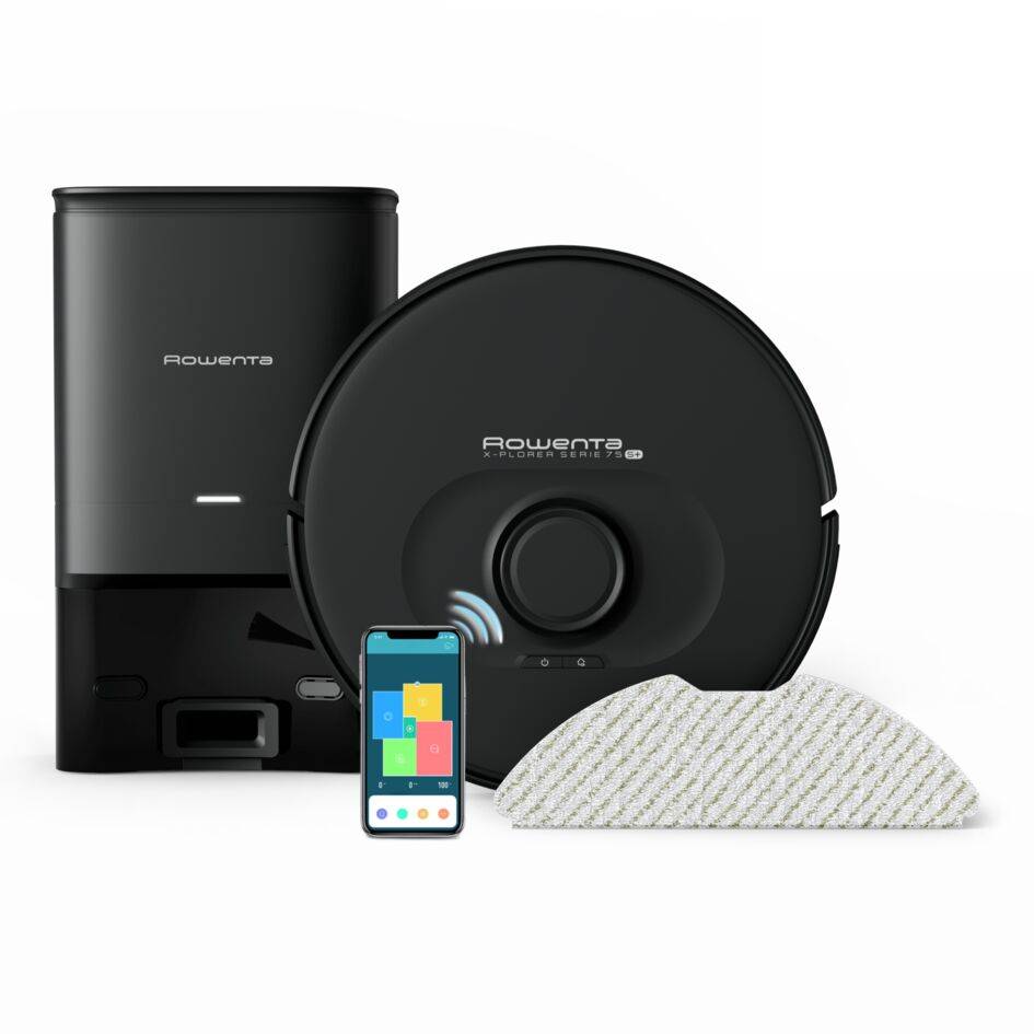 X-Plorer Serie 75 S+, Robot aspirador, Sistema de autovaciado, Limpieza 4 en 1, Navegación láser, Negro