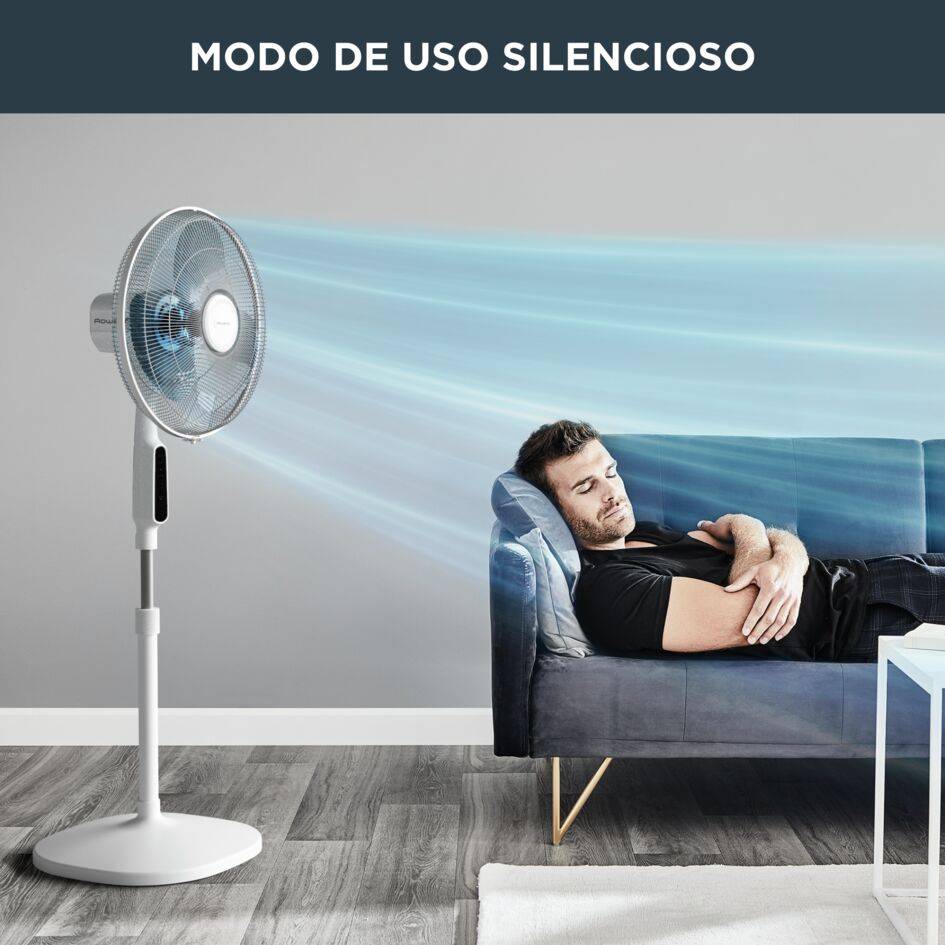 Essential + Stand de Rowenta, Ventilador de pie, Flujo de aire potente, Silencioso, 3 velocidades, Oscilación automática, Control remoto