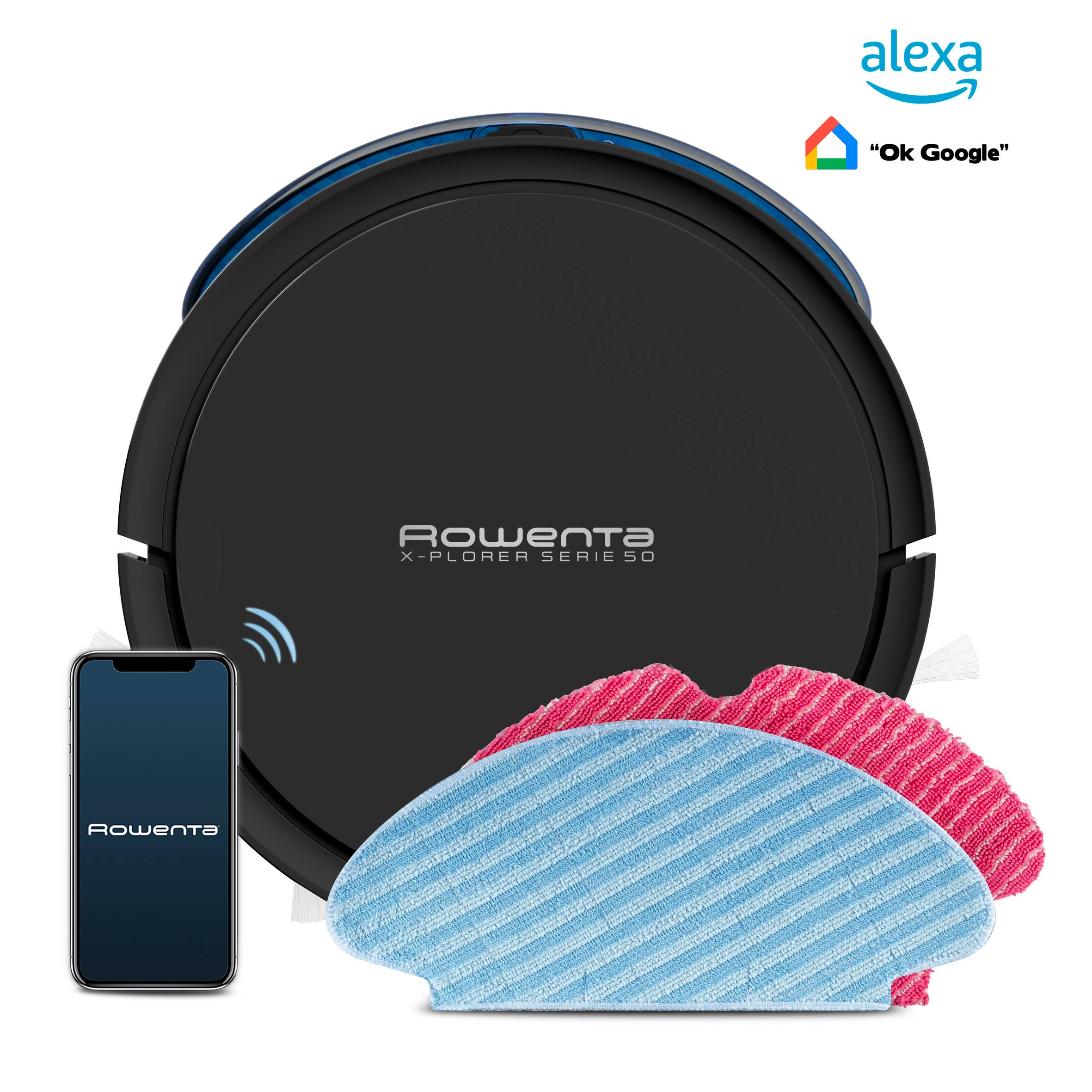 X-Plorer Serie 50 de Rowenta, navegación inteligente, acción 4 en 1, mopa Aqua Force, modelo Animal Care, compatible con asistente de voz y wifi, app gratuita para móviles