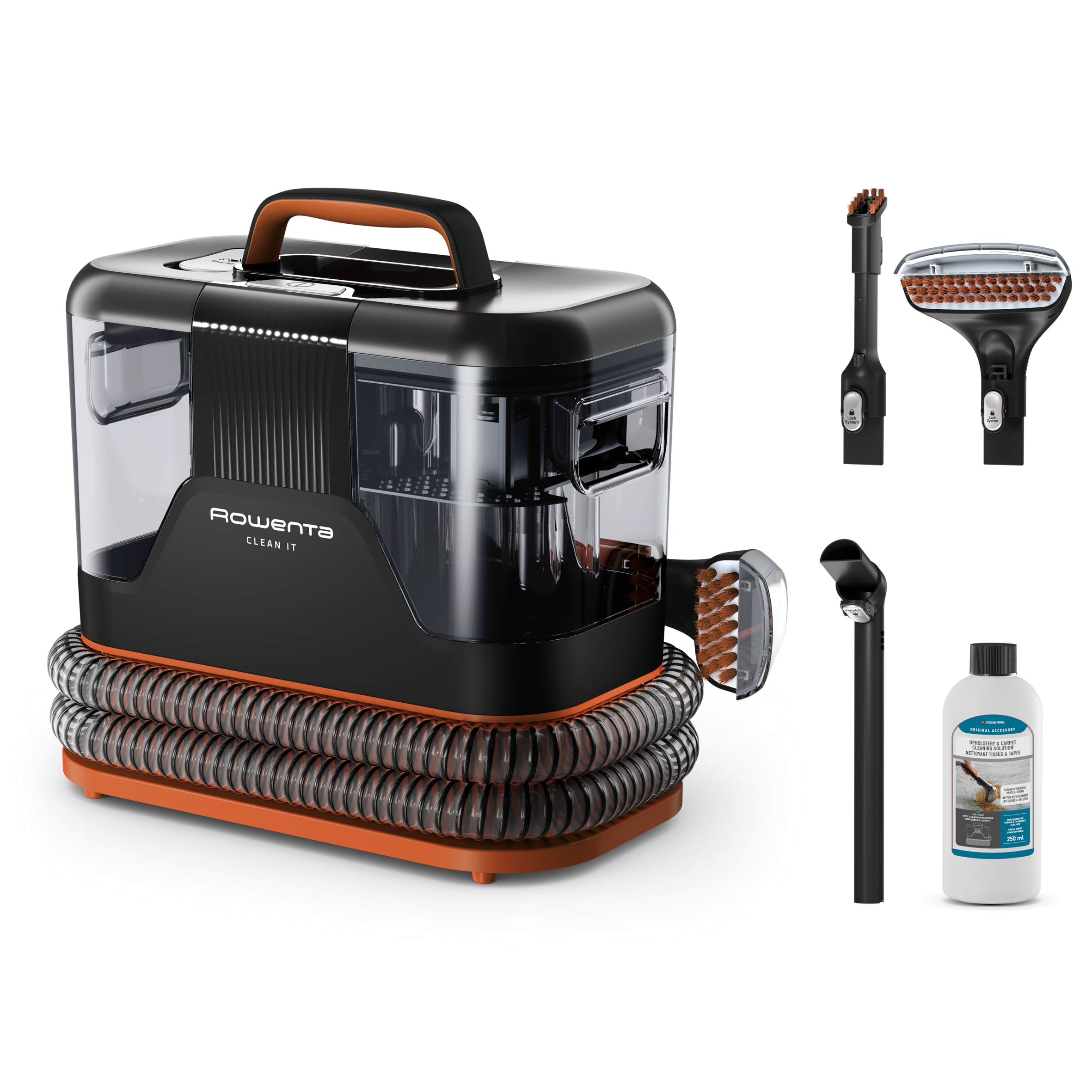 Clean It de Rowenta, Aspirador de tapicerías, Limpieza rápida de derrames y manchas, hasta 12,5 kPa, 400 W, Incluye sistema de autolimpieza, Naranja