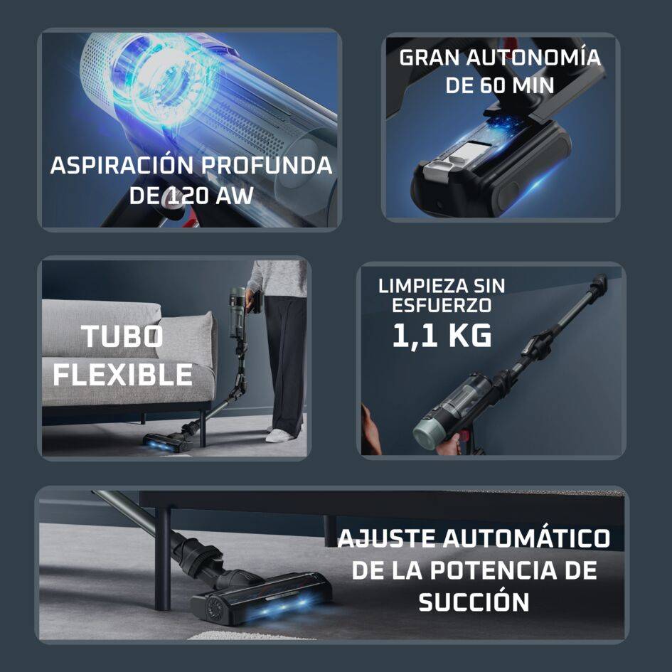 X-Force Flex 10.80 de Rowenta, Aspiradora Sin Cable, Limpieza Profunda, 120 AW, con LEDs azules, Modelo para Alérgicos