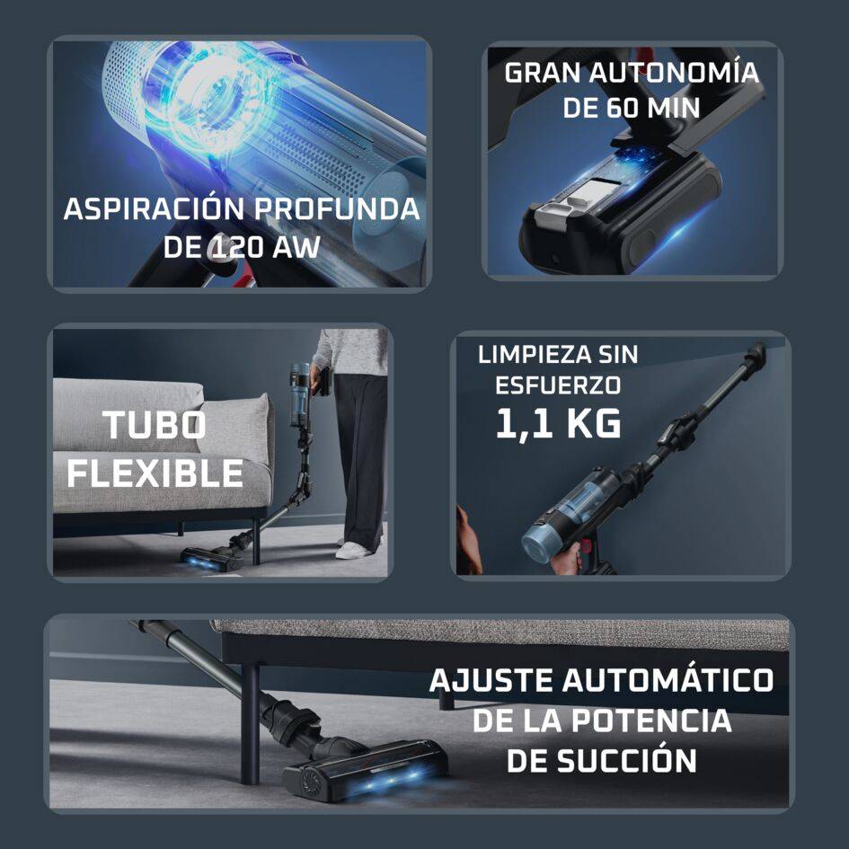 X-Force Flex 10.80 de Rowenta, Aspiradora Sin Cable, Limpieza Profunda, 120 AW, con LEDs azules, Modelo Animal Aqua