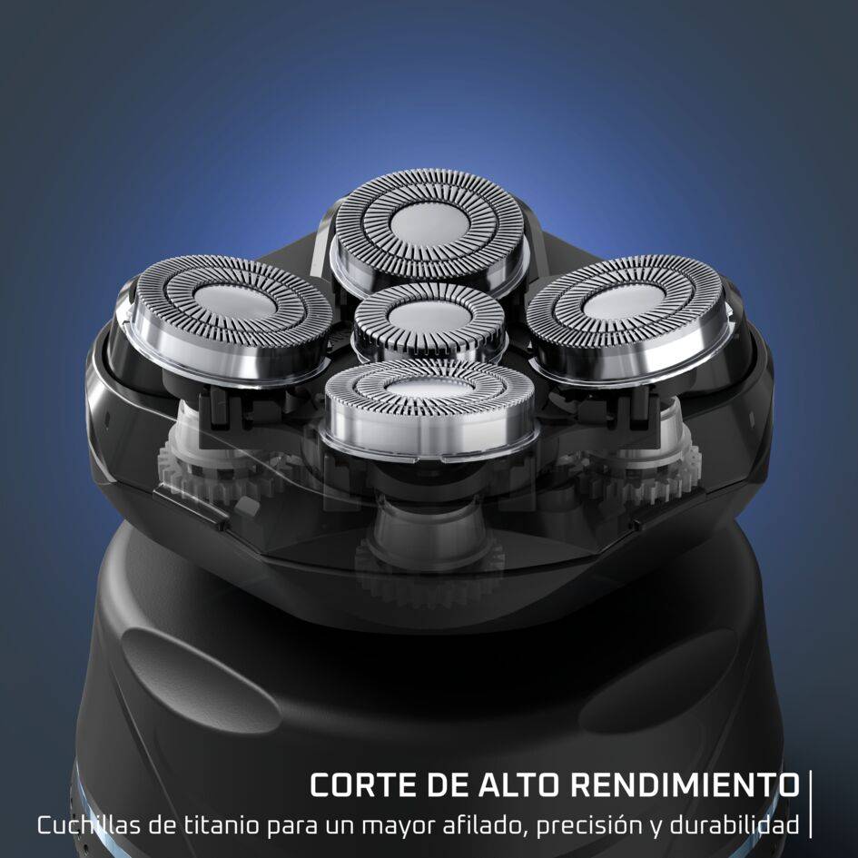 Afeitadora de Cabeza Barber Experience 5 cabezales con cuchillas de recubrimiento de titanio, apura hasta 0,1 mm, autonomía de 80 min, resistente al agua, cuchillas flexibles, neceser de viaje