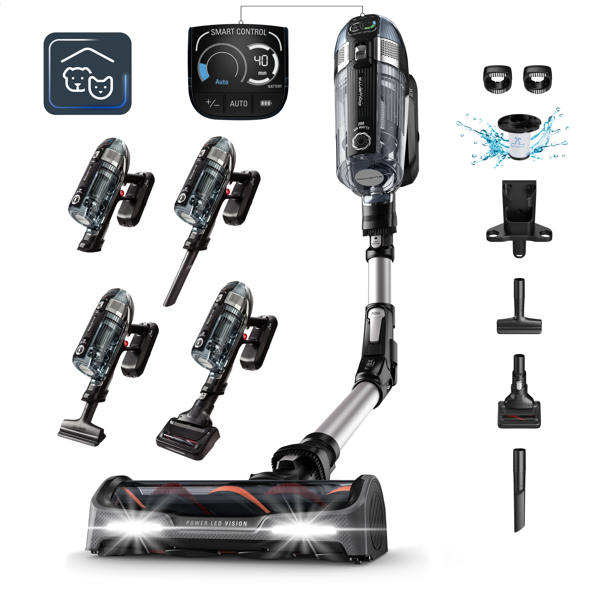 X-Force Flex 14,60 Animal Care de Rowenta, Aspiradora sin cable, 200 airwatts, 0,9 L, Pantalla Smart Control, Sistema Flex, Animal Kit