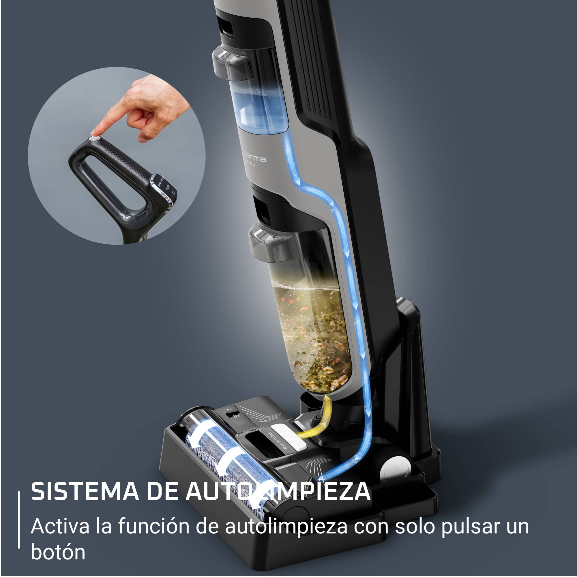 X-Clean 4 de Rowenta, Fregona Eléctrica Sin Cable, 2 en 1 Aspira y Friega a la vez, 200 W, Pantalla De Control Inteligente, 10kPA, Ajuste Automático De Limpieza: Eco, Auto Y Max