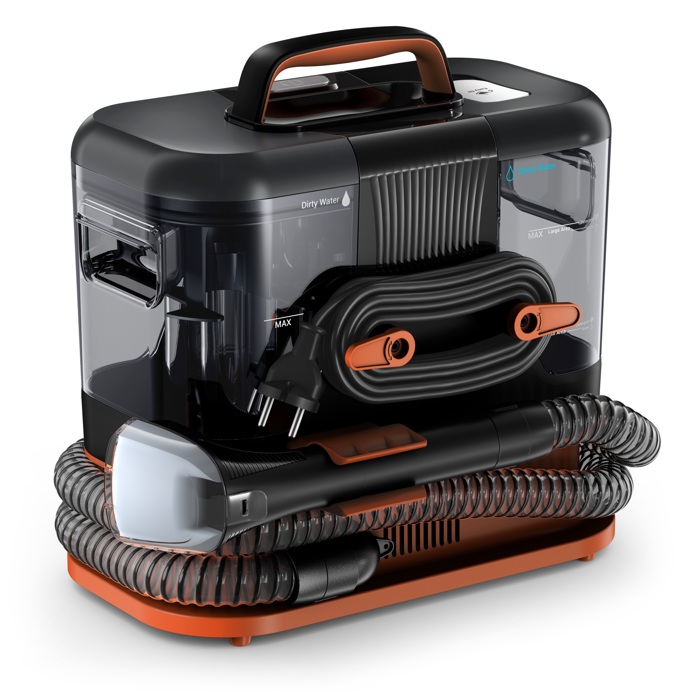 Clean It de Rowenta, Aspirador de tapicerías, Limpieza rápida de derrames y manchas, hasta 12,5 kPa, 400 W, Incluye sistema de autolimpieza, Naranja