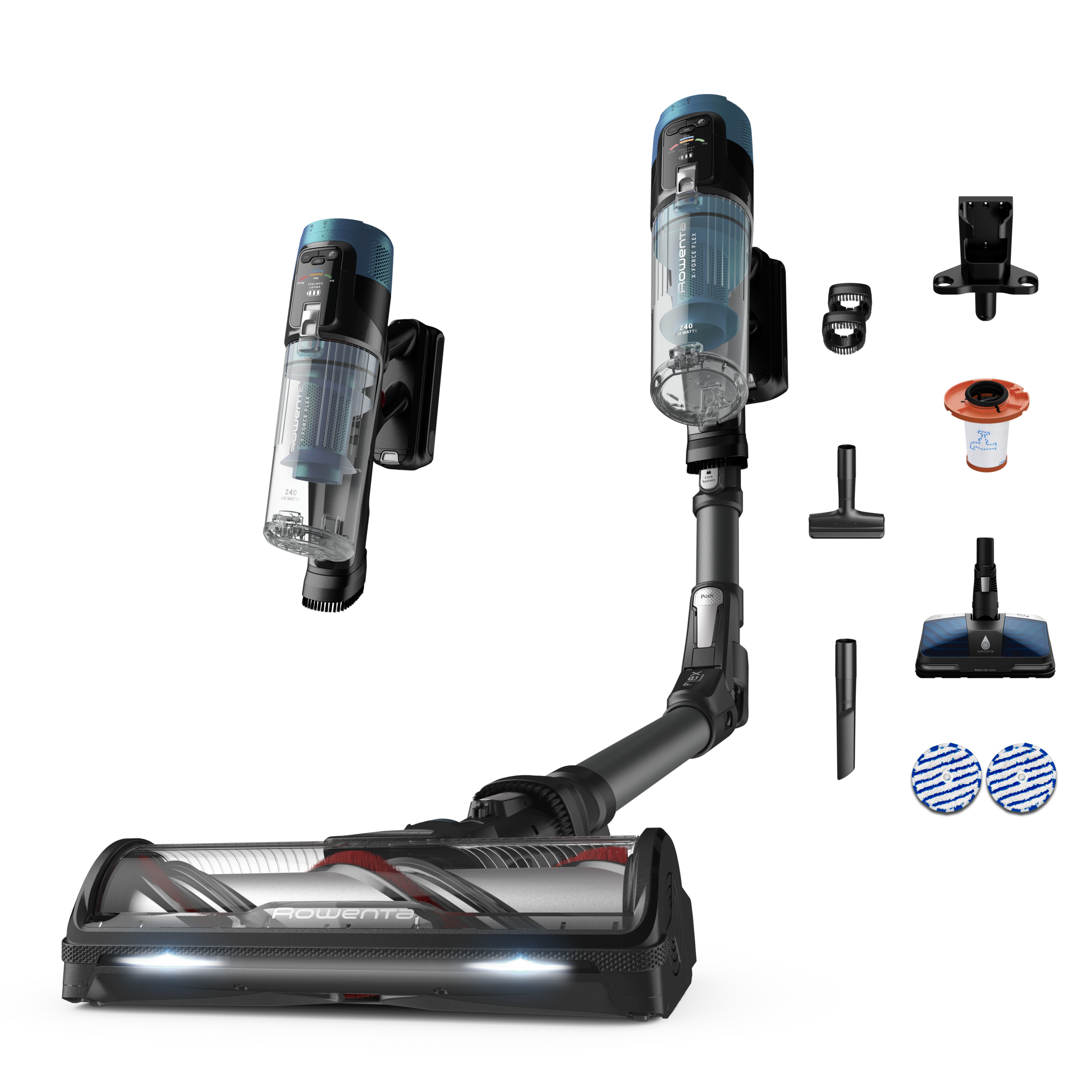 X-Force Flex 14.80 de Rowenta, Aspiradora escoba sin cable, Hasta 240 airwatts, Autonomía de larga duración de 1 h y 30 min, Cabezal Aqua con tecnología Aerospin