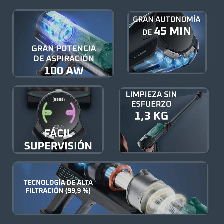 X-Force 8.80 de Rowenta, Aspiradora Escoba Sin Cable, limpieza potente, 100 AW, Larga autonomía, 1,3 kg en modo de mano, Modelo para Alergias