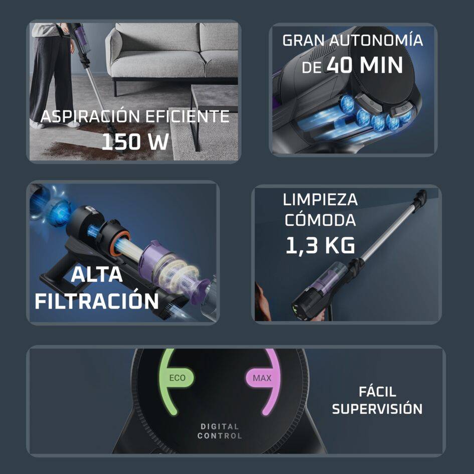 X-Pert 5.80 de Rowenta, Aspiradora Escoba Sin Cable, 150 W, 40 min Autonomía, Ultraligera