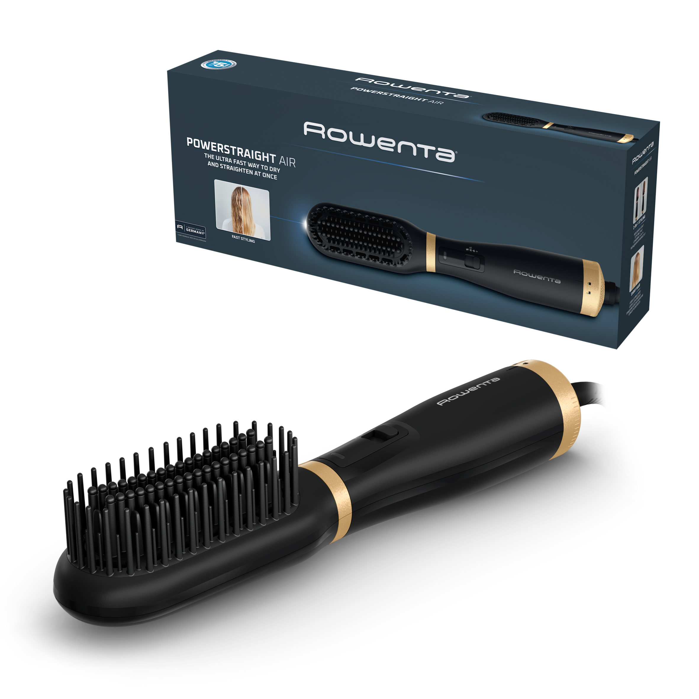 Powerstraight Air de Rowenta, cepillo secador, secado y alisado 2 en 1, Diseño compacto, Negro