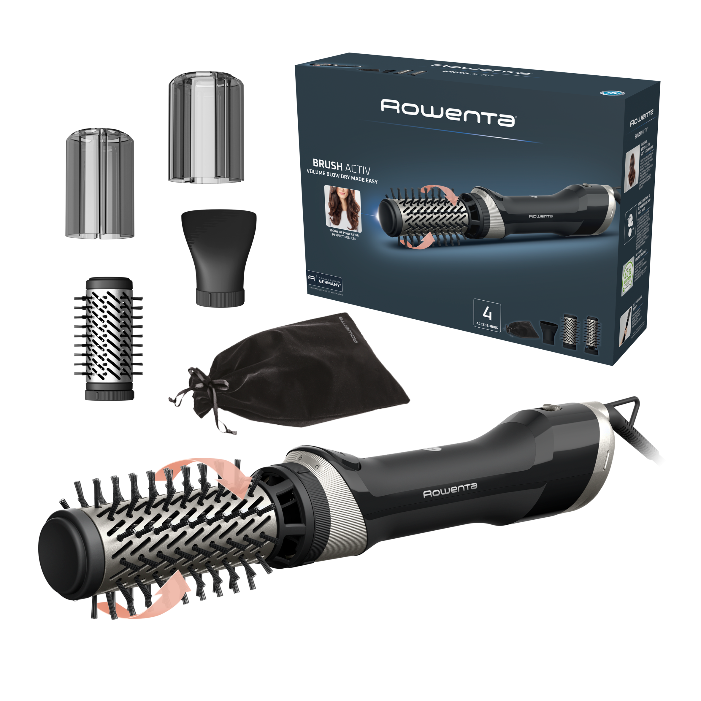 Brush Activ de Rowenta, Cepillo de Aire Giratorio, Cepillo Secador de 1000 W, Diseño Ergonómico, Boquilla Concentradora y Funda