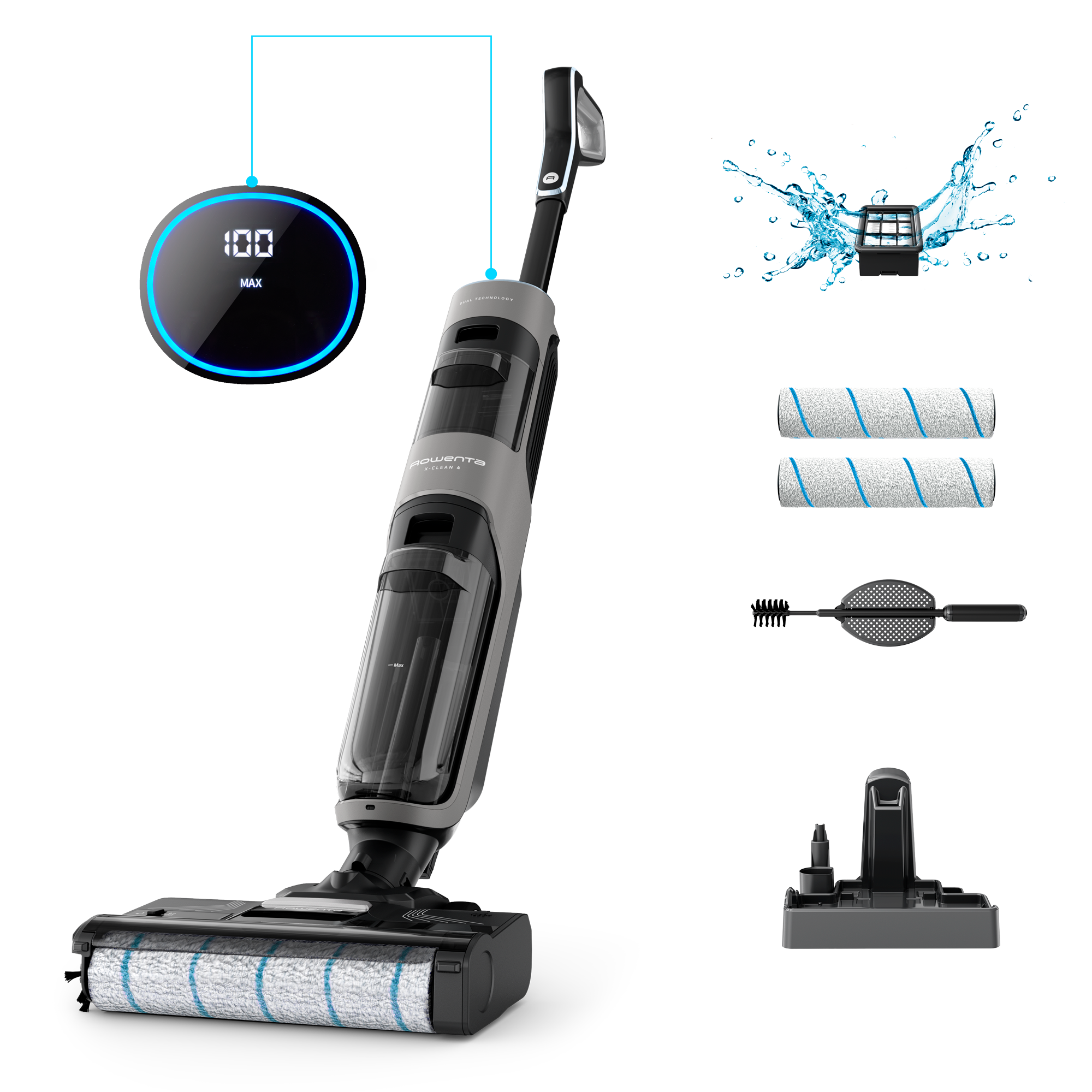 X-Clean 4 de Rowenta, Fregona Eléctrica Sin Cable, 2 en 1 Aspira y Friega a la vez, 200 W, Pantalla De Control Inteligente, 10kPA, Ajuste Automático De Limpieza: Eco, Auto Y Max
