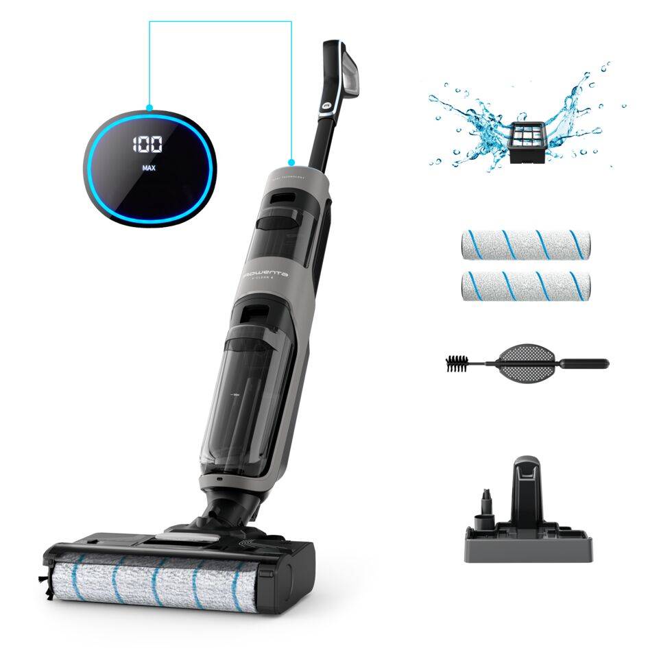 X-Clean 4 de Rowenta, Fregona Eléctrica Sin Cable, 2 en 1 Aspira y Friega a la vez, 200 W, Pantalla De Control Inteligente, 10kPA, Ajuste Automático De Limpieza: Eco, Auto Y Max