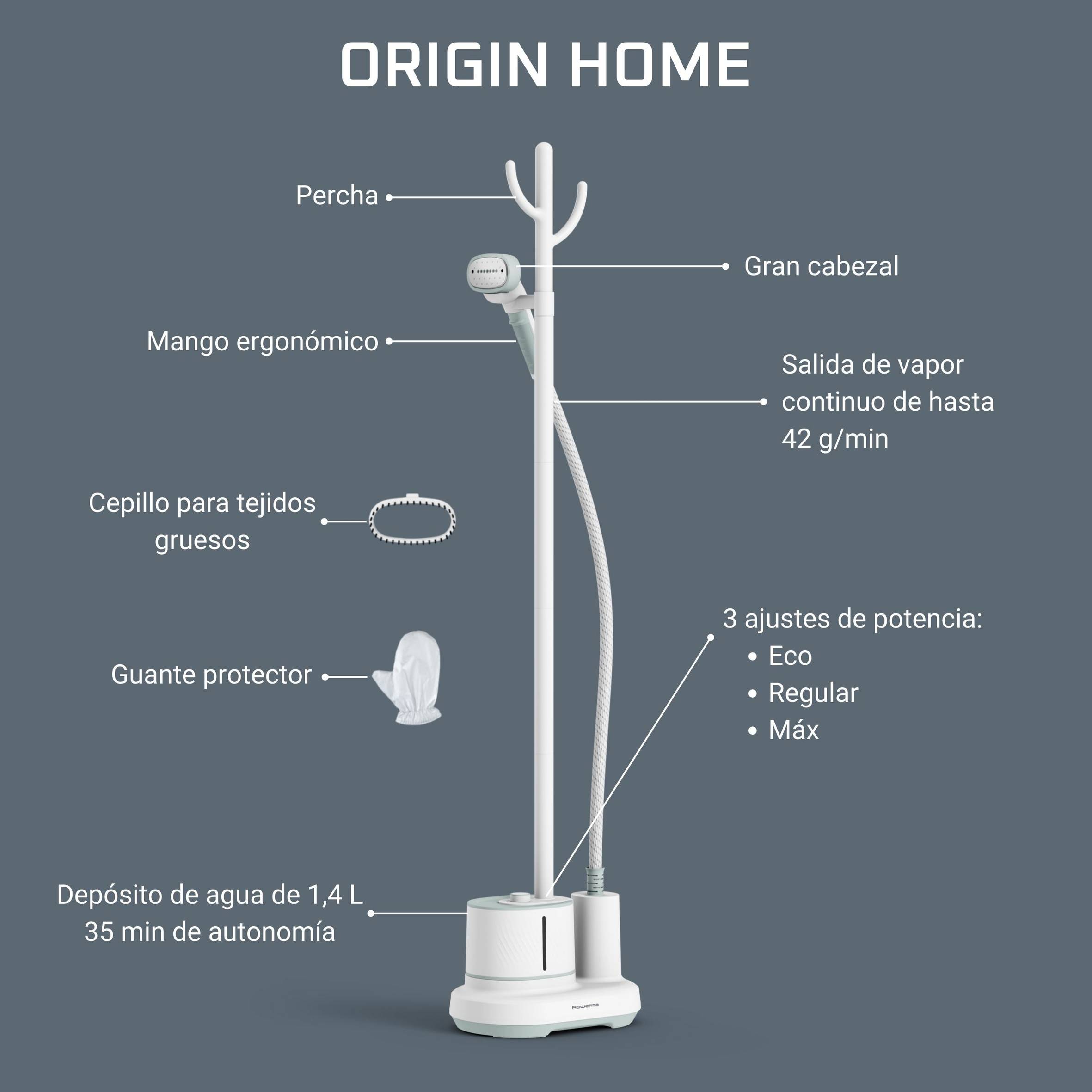Origin Home, Cepillo de vapor de pie, Vapor continuo de 42 g/min, 3 niveles de vapor