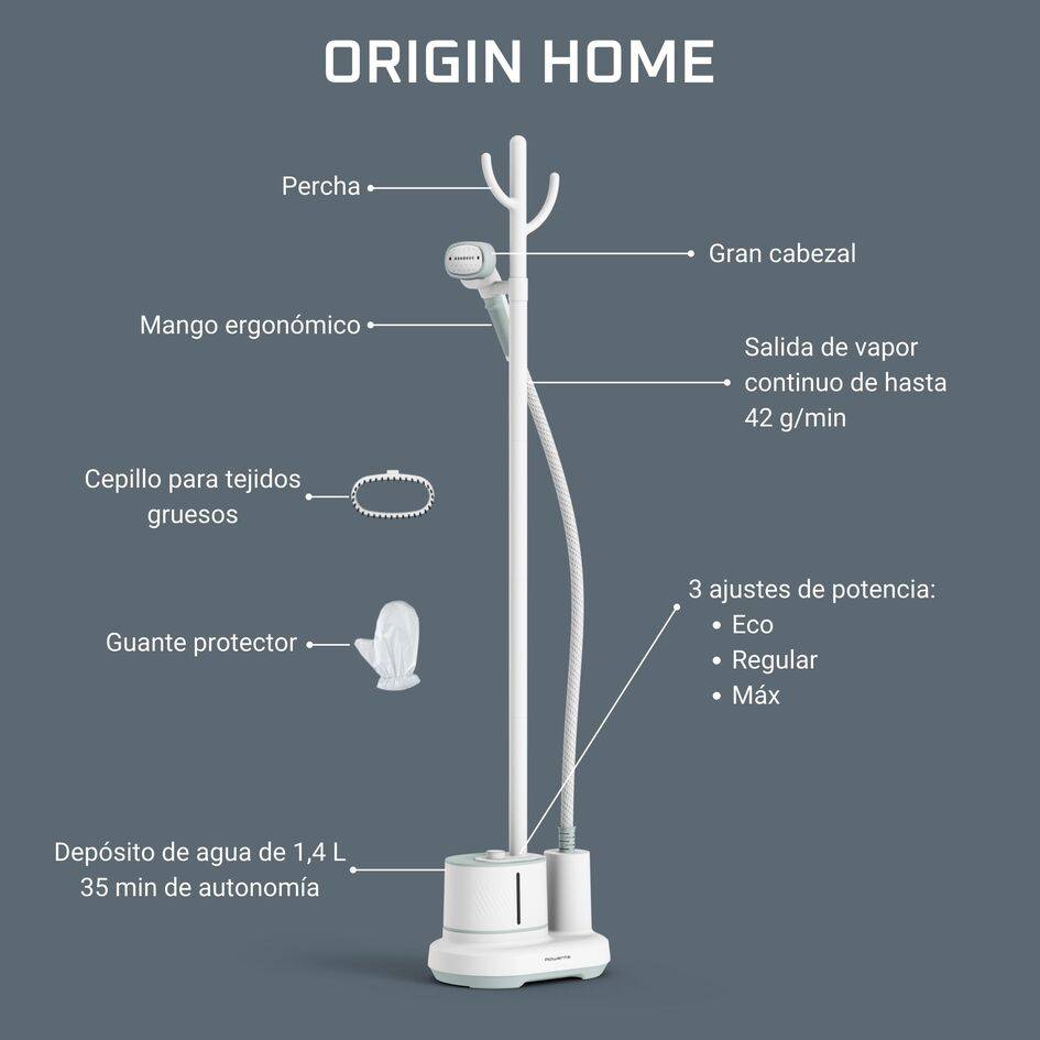 Origin Home, Cepillo de vapor de pie, Vapor continuo de 42 g/min, 3 niveles de vapor