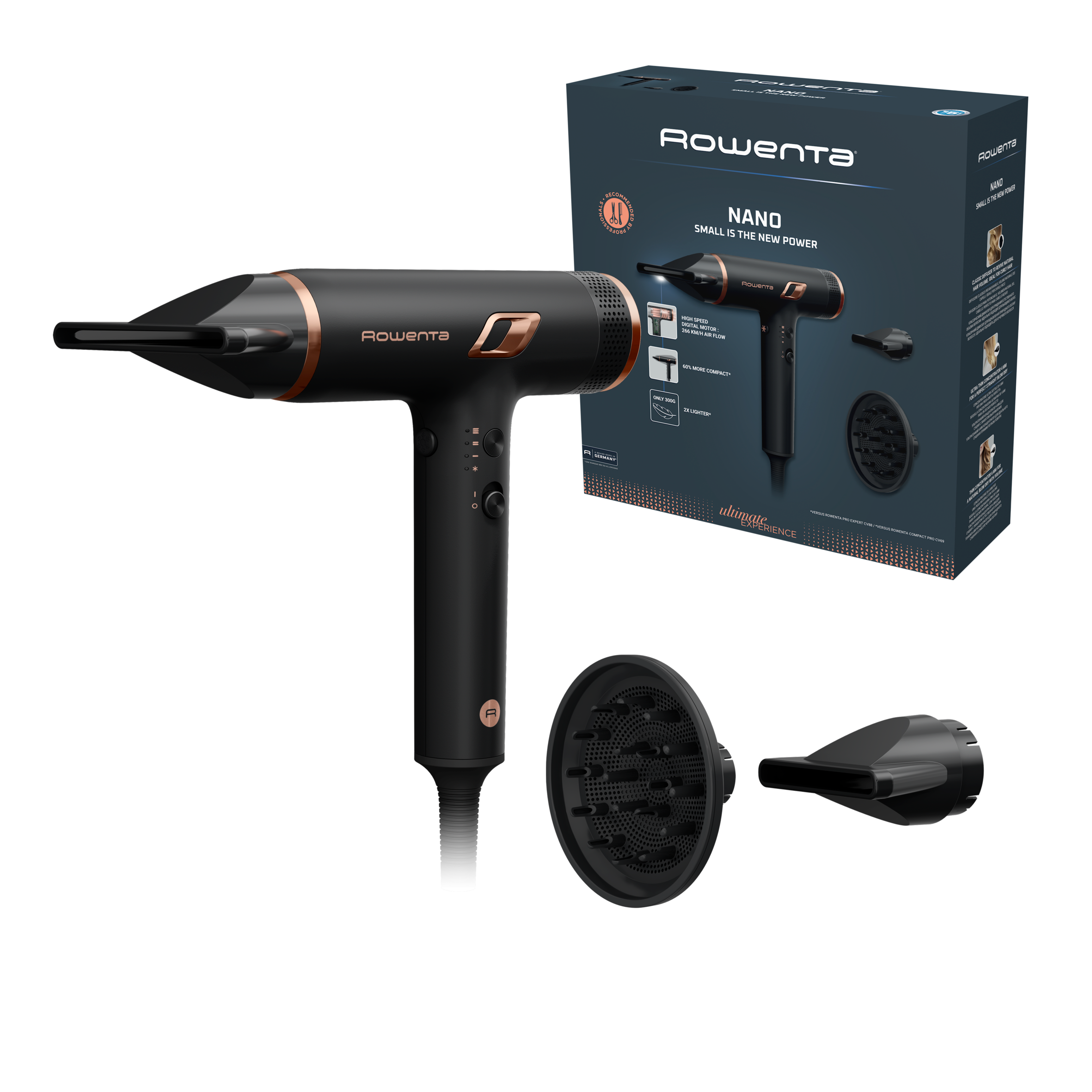 Nano de Rowenta, Secador de Pelo, Tecnología de Motor de Alta Velocidad, Flujo de Aire de más de 266&nbsp;km/h, Diseño Compacto