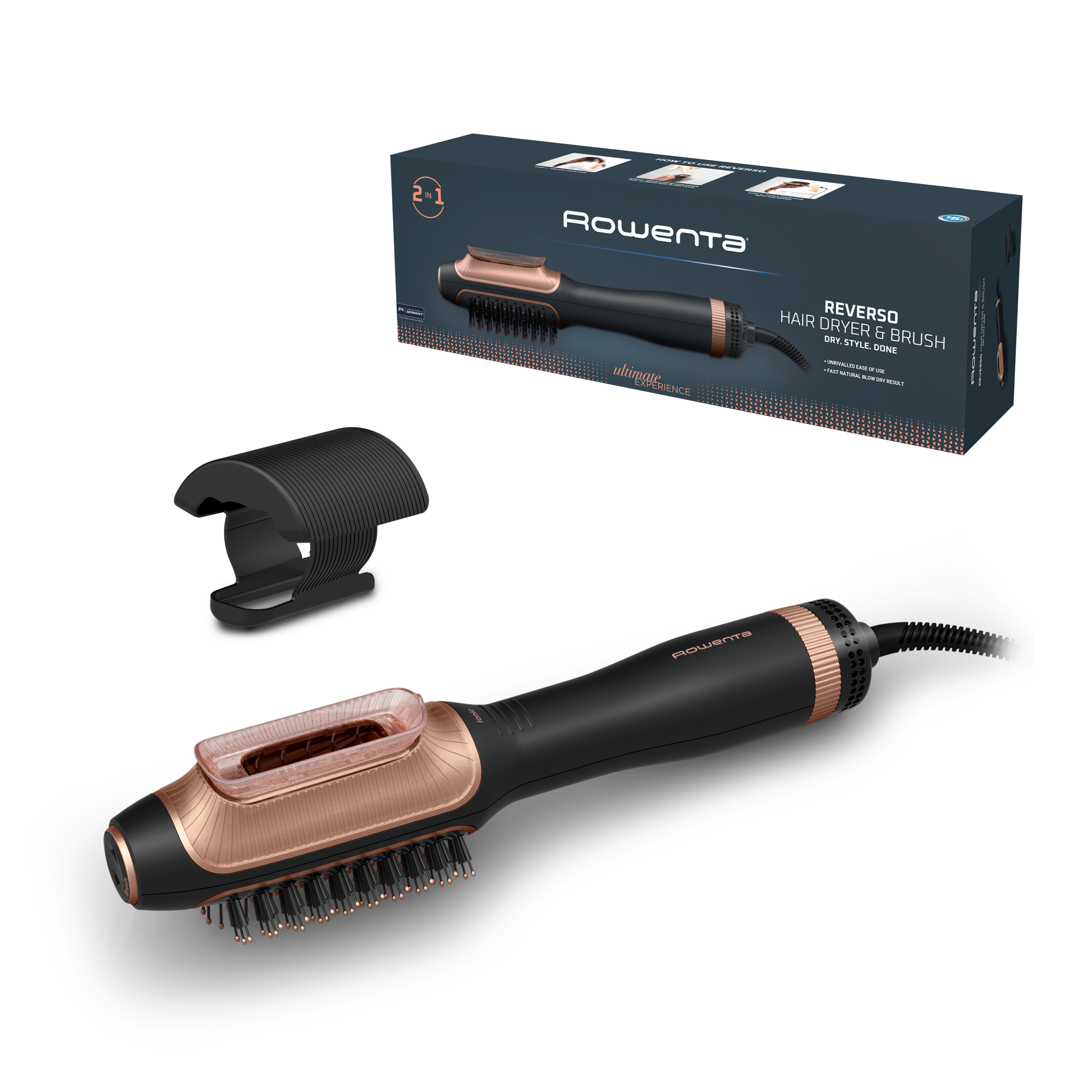 Reverso de Rowenta, Secador de pelo y cepillo de aire caliente 2 en 1, Peinado y Presecado Óptimos, Función Care, Color Negro