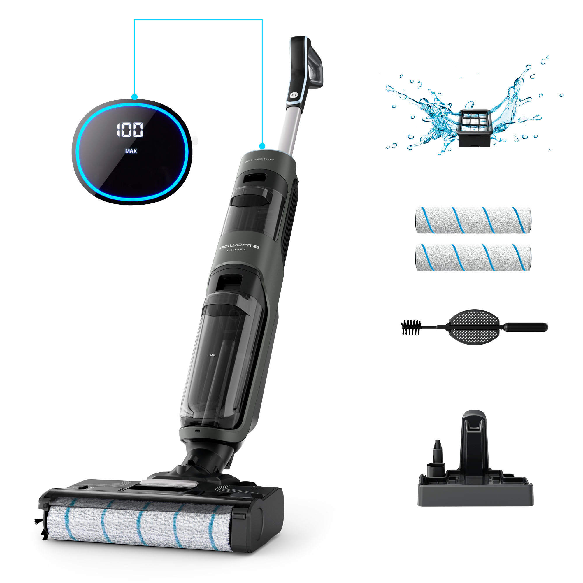 X-Clean 4 de Rowenta, Fregona Eléctrica Sin Cable, 2 en 1 Aspira y Friega a la vez, 200 W, Pantalla De Control Inteligente, 10kPA, Ajuste Automático De Limpieza: Eco, Auto Y Max