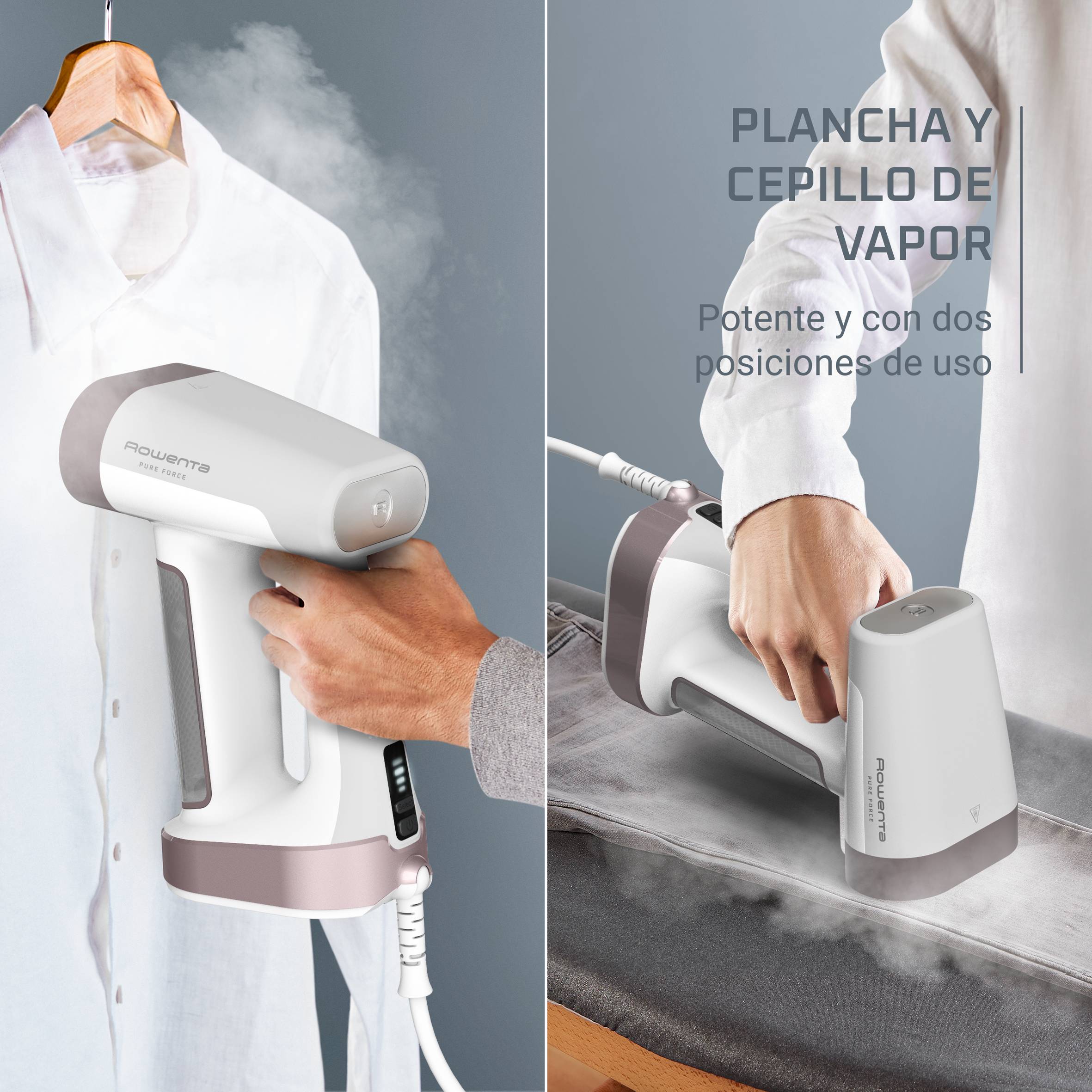 Pure Force de Rowenta, Cepillo de vapor y plancha 2 en 1, uso vertical/horizontal, 4 potencias de vapor y modo Boost, Gran Autonomía