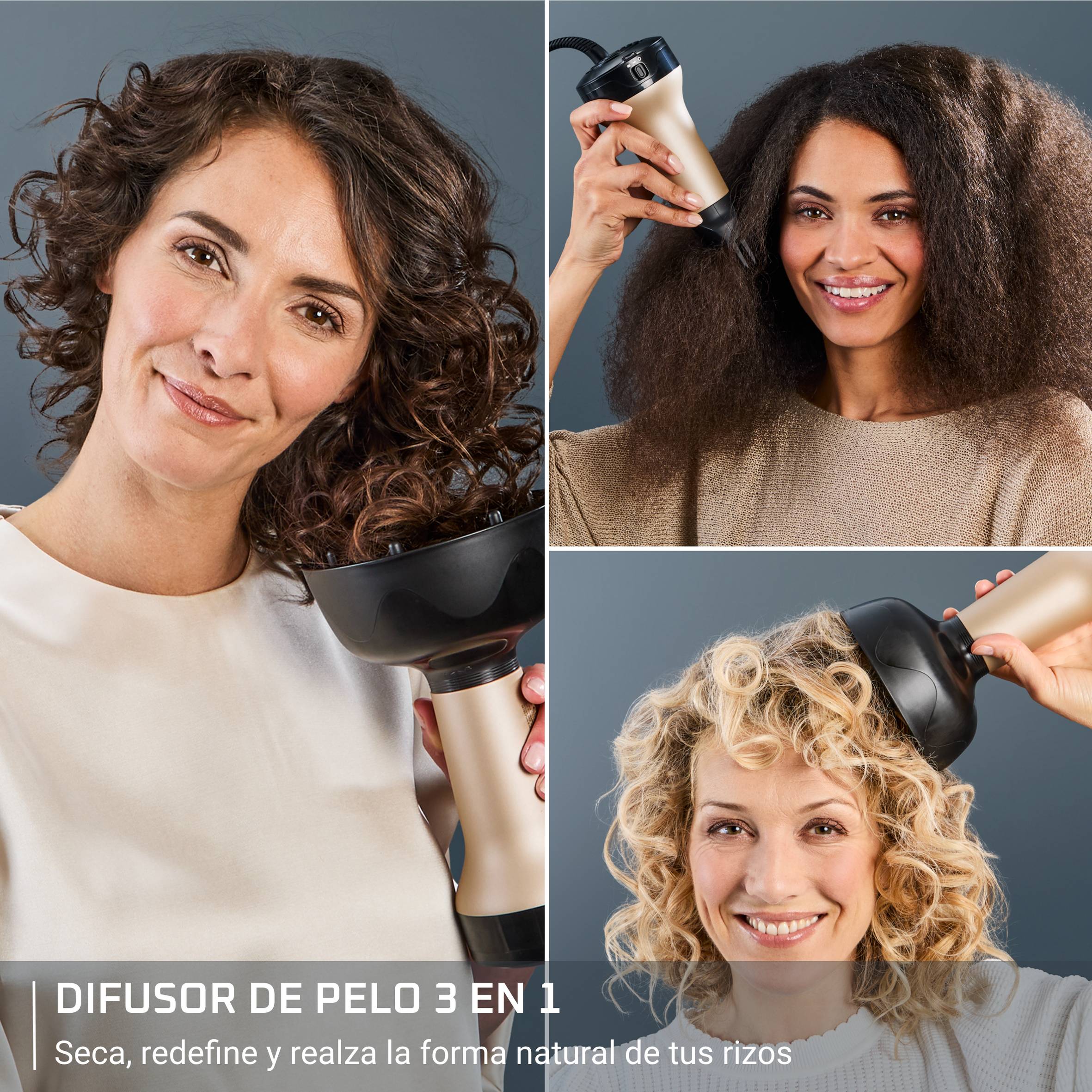 Curl Harmony de Rowenta, Difusor de aire caliente, 3 en 1, Para cabellos rizado, Diseño ergonómico, 3 accesorios y neceser