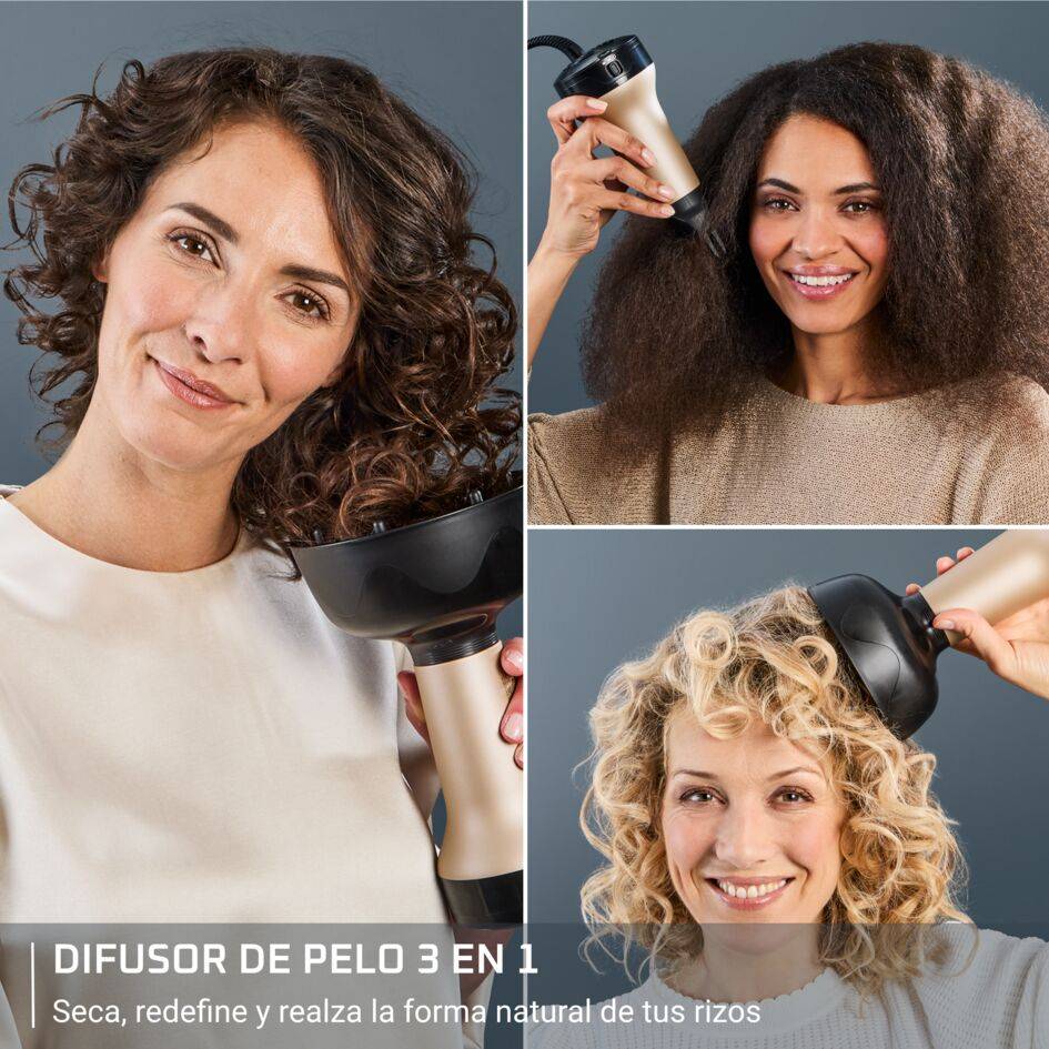 Curl Harmony de Rowenta, Difusor de aire caliente, 3 en 1, Para cabellos rizado, Diseño ergonómico, 3 accesorios y neceser