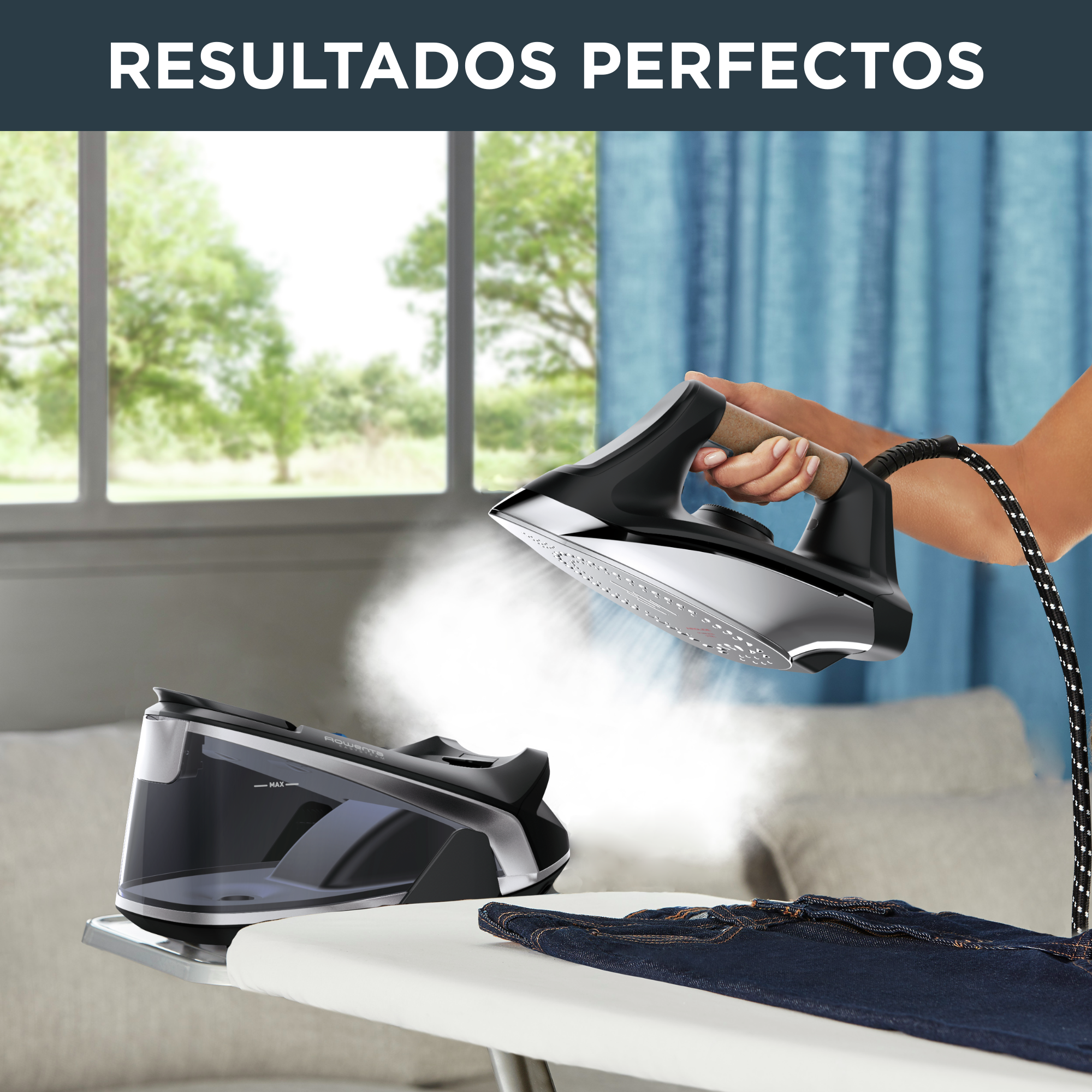 Easy Steam de Rowenta, Centro de planchado de alto rendimiento, 110 g/min de salida de vapor continua, 280 g/min de golpe de vapor, Bomba de 5,9 bares de presión, Depósito de agua de 1,4 L, modo Eco