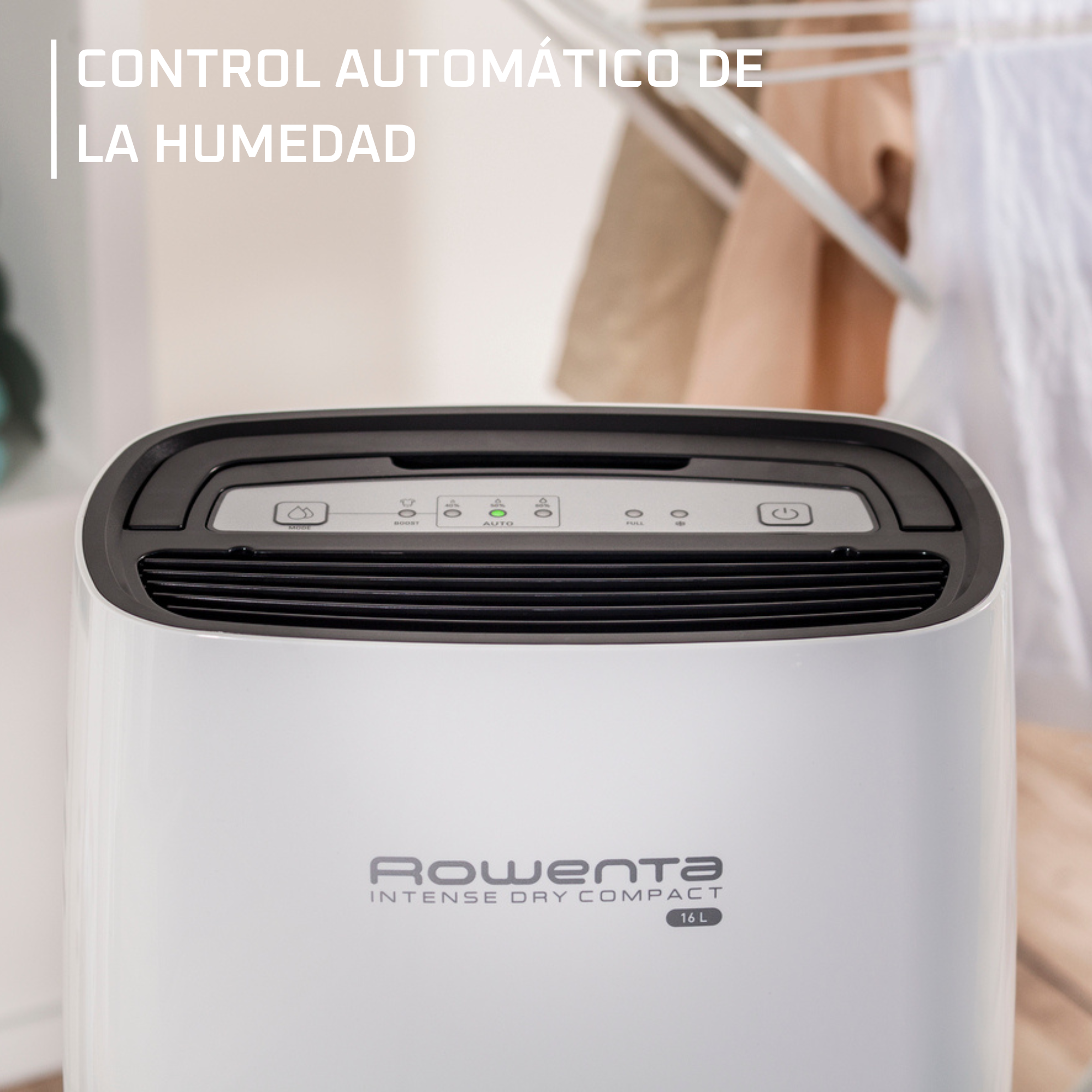 Intense Dry Compact, Deshumidificador, 16 L - 100 m3, Secado de ropa, Filtros