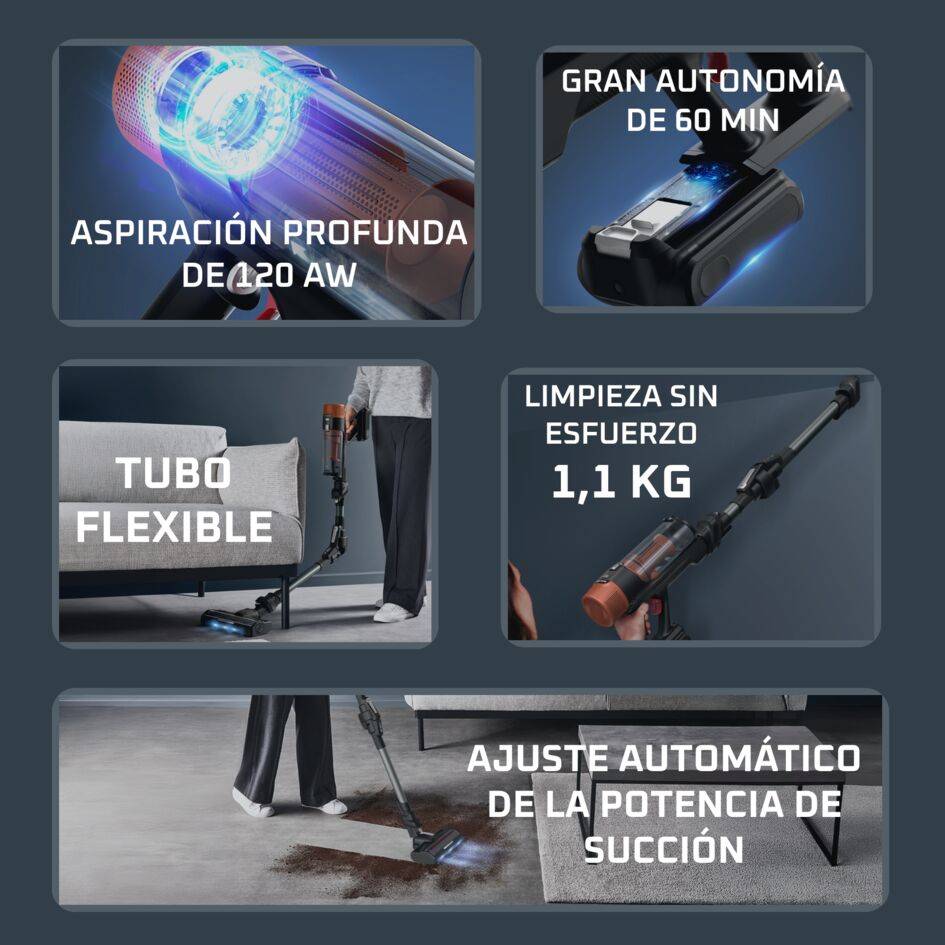 X-Force Flex 10.80 de Rowenta, Aspiradora Escoba Sin Cable, 120 AW, 60 min Autonomía, Animal Care