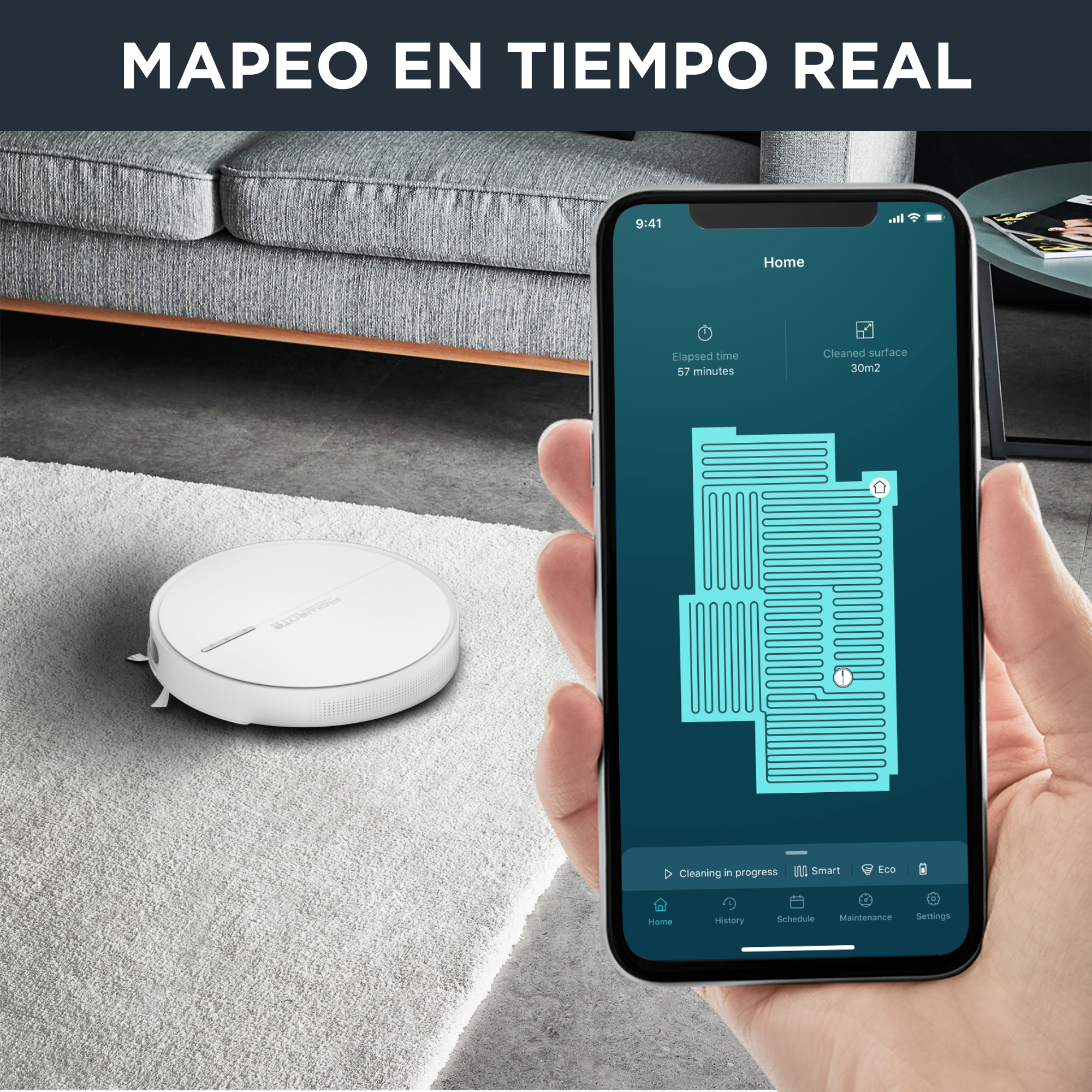 X-Plorer Serie 60 de Rowenta, Robot Aspirador, Navegación Inteligente, Diseño Compacto Ultraplano, Acción de Limpieza 4 en 1, Mopa Aqua Force, Allergy Care, Conectividad Wifi, Compatibilidad con Asistentes de Voz, Aplicación Gratuita