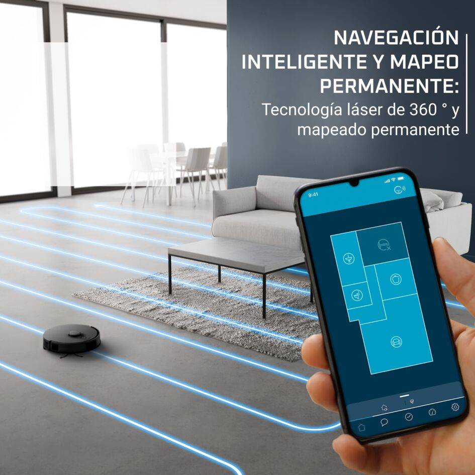 X-Plorer Serie 135 de Rowenta, Robot Aspirador, Friega y Aspira 2 en 1, Gran potencia de succión, Navegación inteligente, Detección de Obstáculos Bajos, Negro