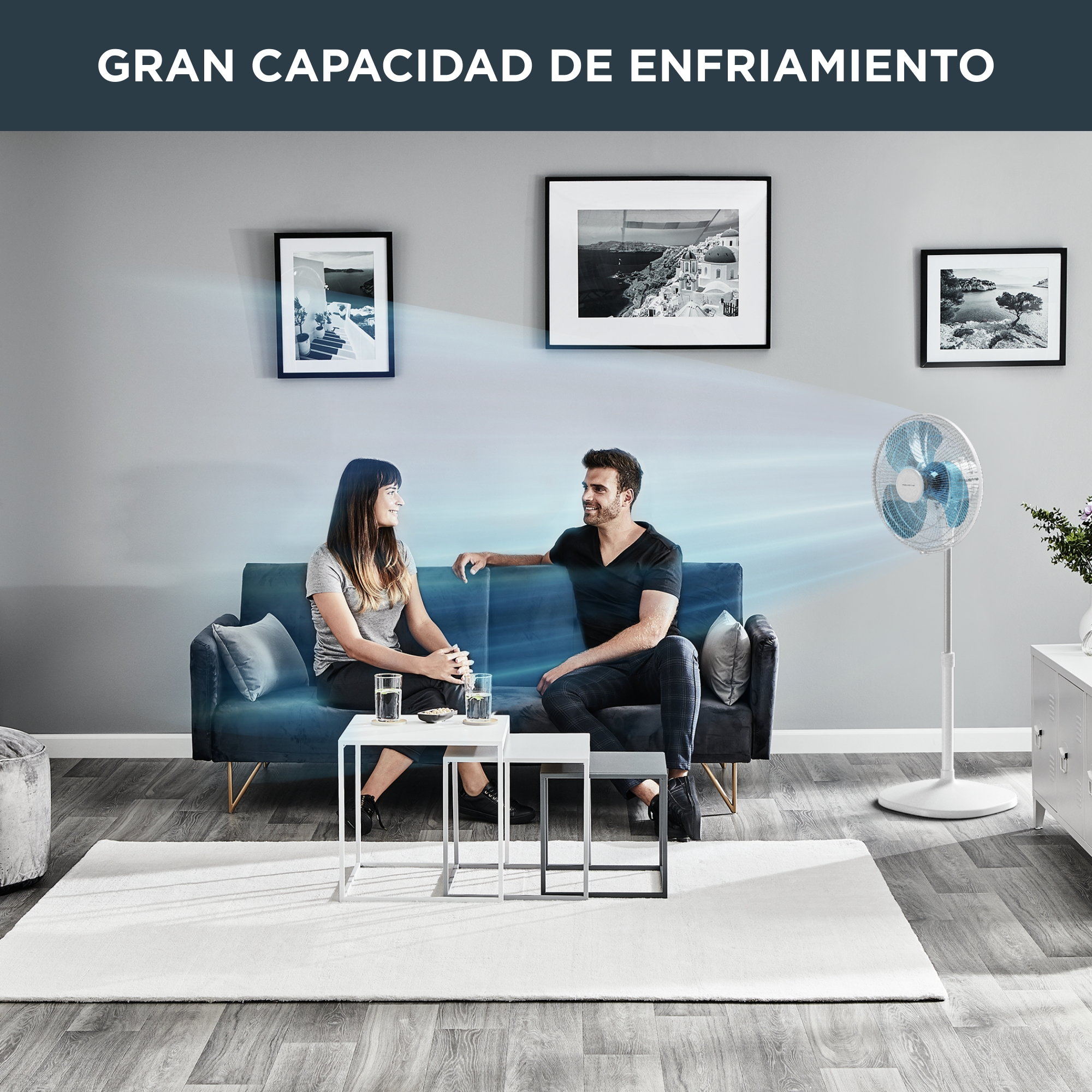 Essential + de Rowenta, Ventilador de pie, Modo silencioso, 3 velocidades, Compacto, Oscilación y orientación ajustables, Altura regulable