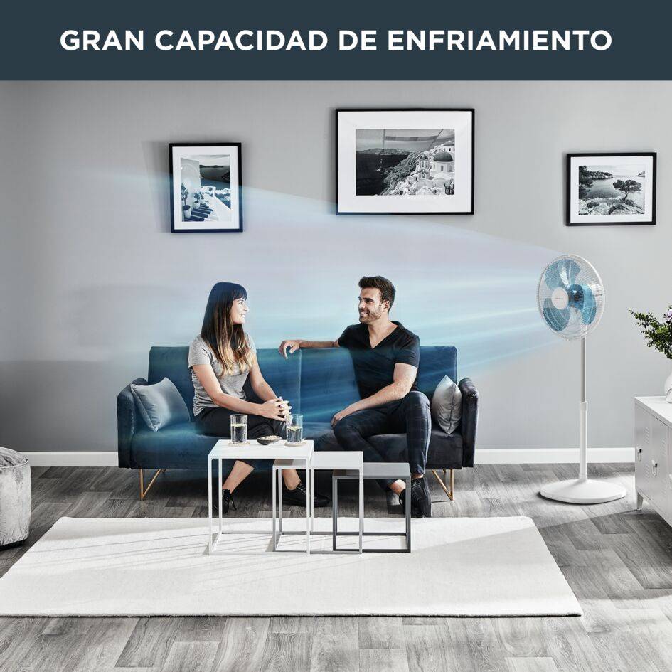 Essential + de Rowenta, Ventilador de pie, Modo silencioso, 3 velocidades, Compacto, Oscilación y orientación ajustables, Altura regulable