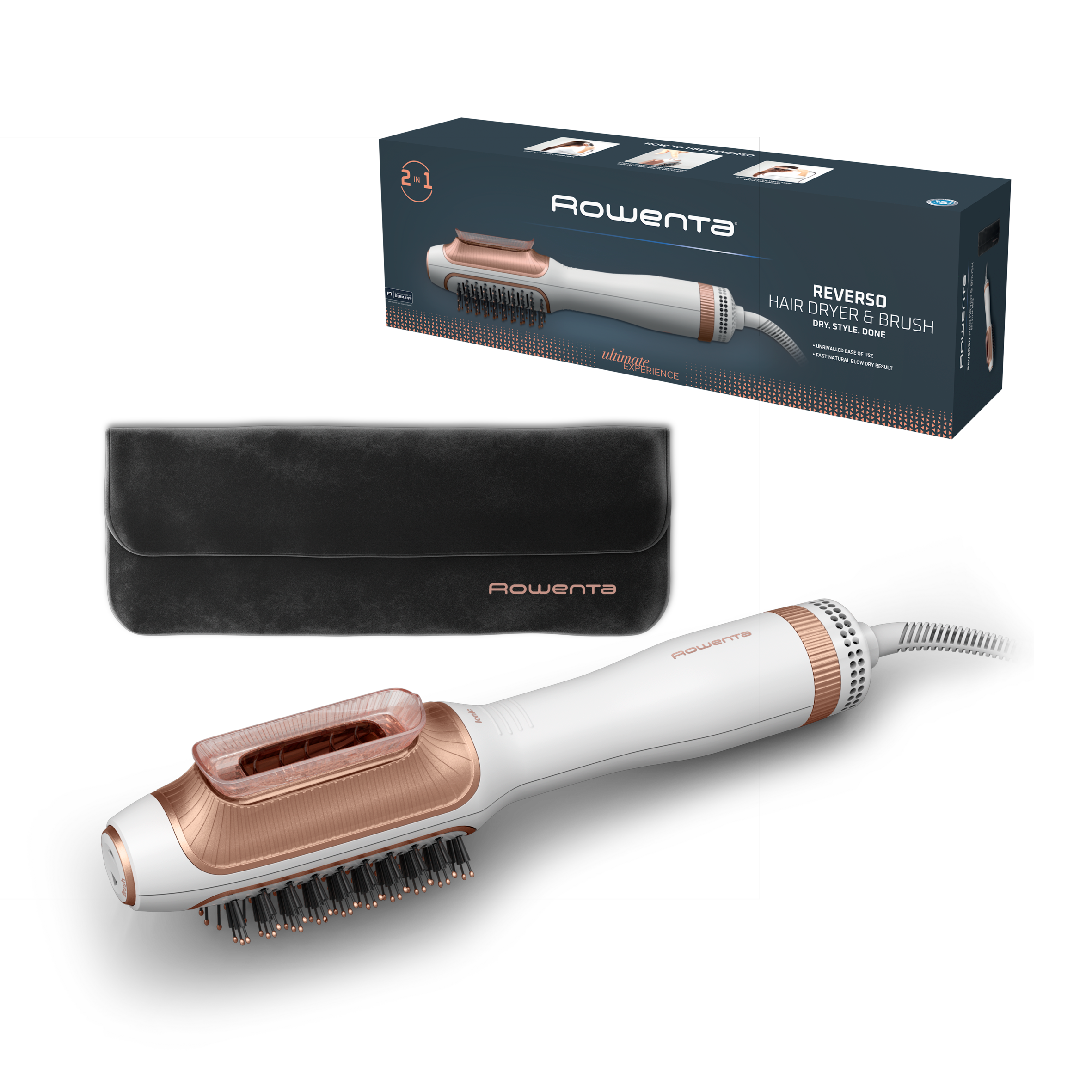 Reverso, Secador de pelo y cepillo de aire caliente 2 en 1, Peinado y presecado óptimos, Función Care, Blanco