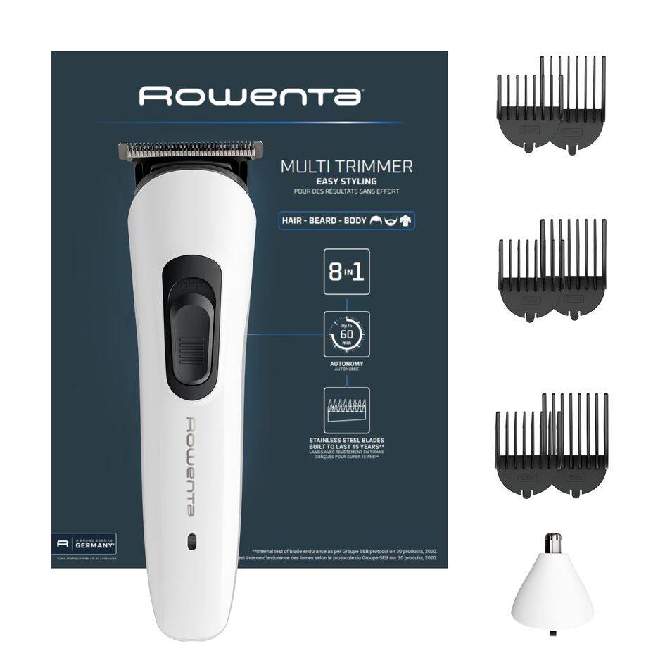 Trim & Style 8 en 1 de Rowenta, Multiaccesorios para hombres, Cuchillas de acero inoxidables, 6 peines fijos