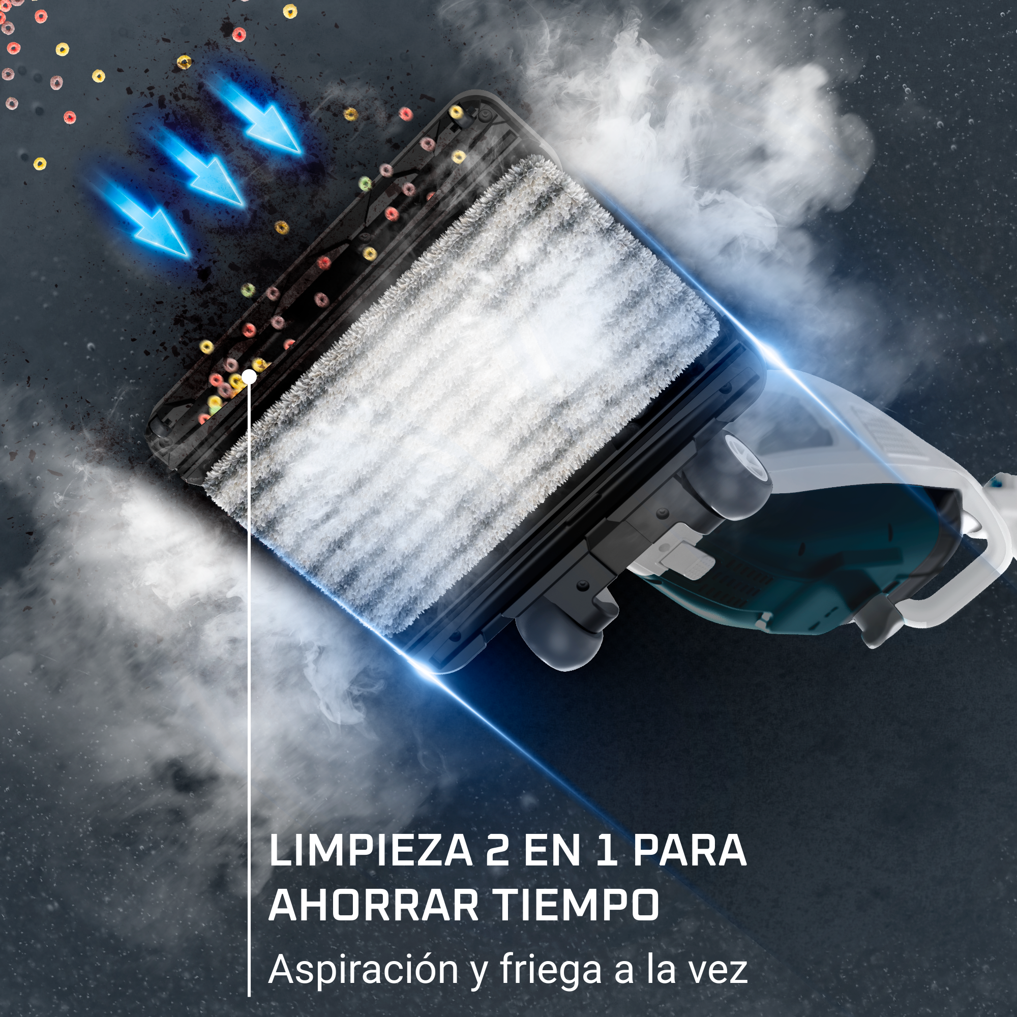 Clean & Steam Revolution, Escoba aspiradora de vapor con cable, Blanco y azul