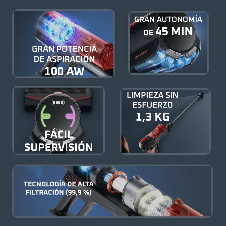 X-Force 8.80 de Rowenta, Aspiradora Escoba Sin Cable, Limpieza Potente, 100 AW, solo 1,3 kg en modo de mano, con cepillo multifunción con LEDs, Modelo para Mascotas