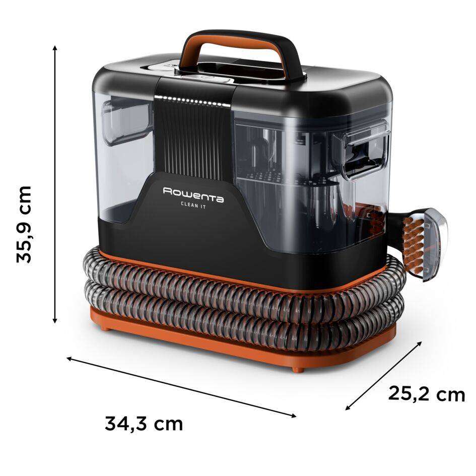 Clean It de Rowenta, Aspirador de tapicerías, Limpieza rápida de derrames y manchas, hasta 12,5 kPa, 400 W, Incluye sistema de autolimpieza, Naranja