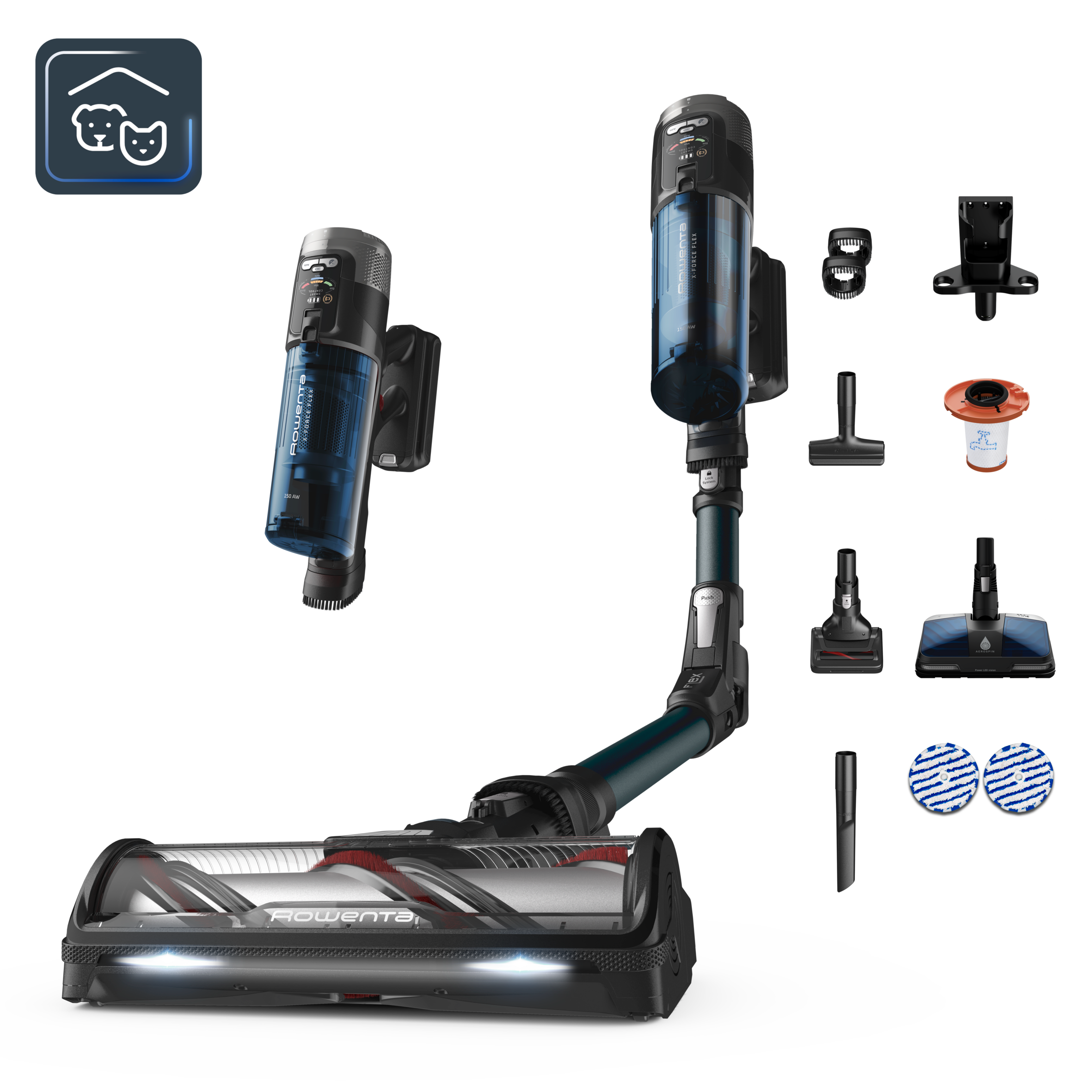 X-Force Flex 13.60 de Rowenta, Aspiradora escoba sin cable, 2 en 1, 60 min de autonomía, Modelo Animal Aqua, 150 airwatts, Potencia de limpieza extrema