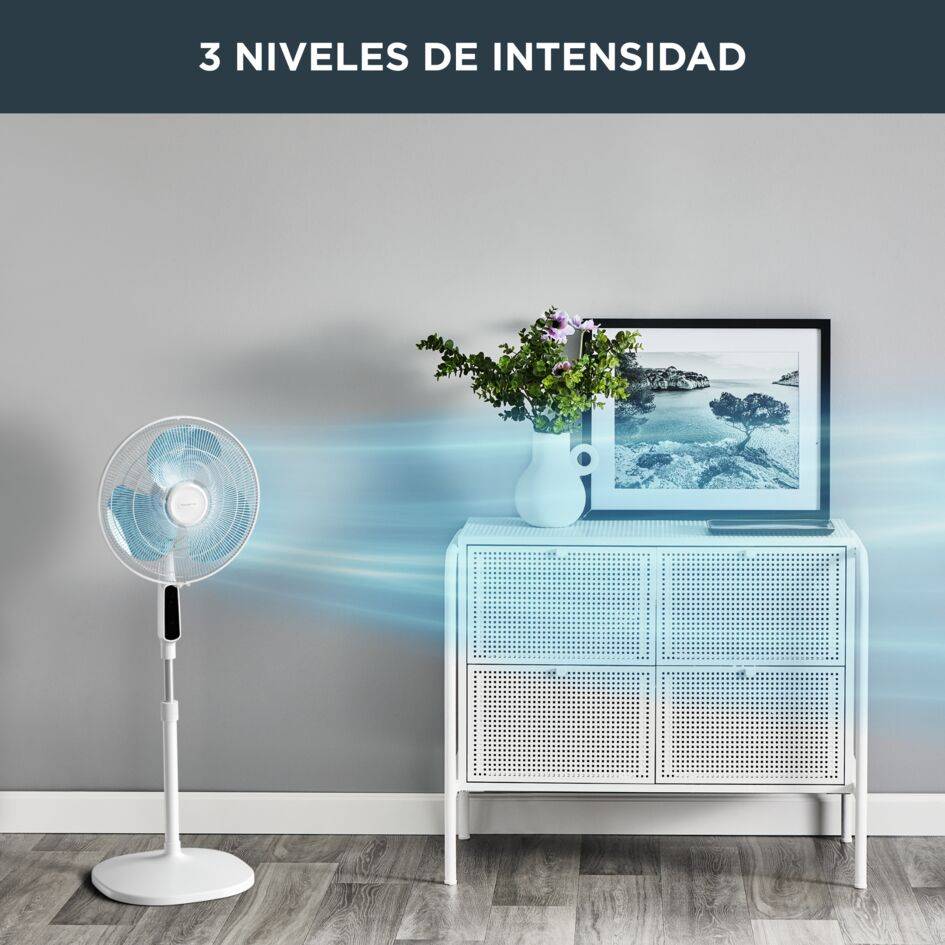 Essential + Stand de Rowenta, Ventilador de pie, Flujo de aire potente, Silencioso, 3 velocidades, Oscilación automática, Control remoto