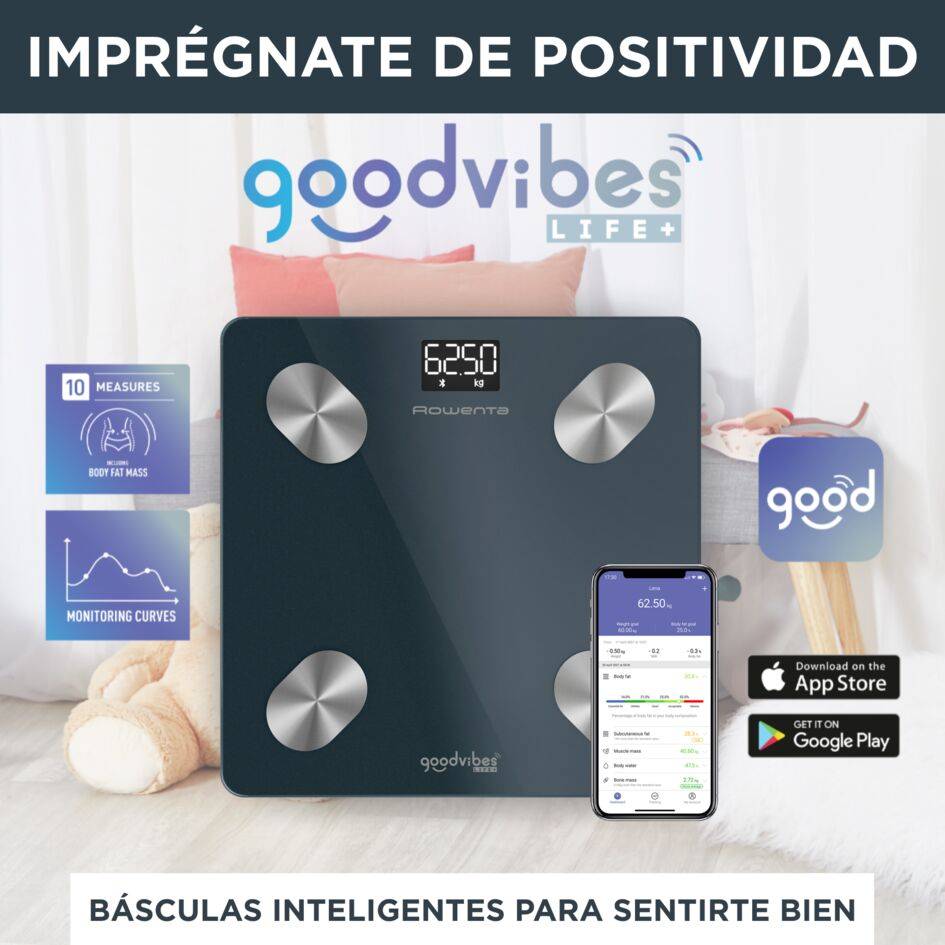 Goodvibes LIFE +, Báscula digital, Aplicación conectada, Negra  