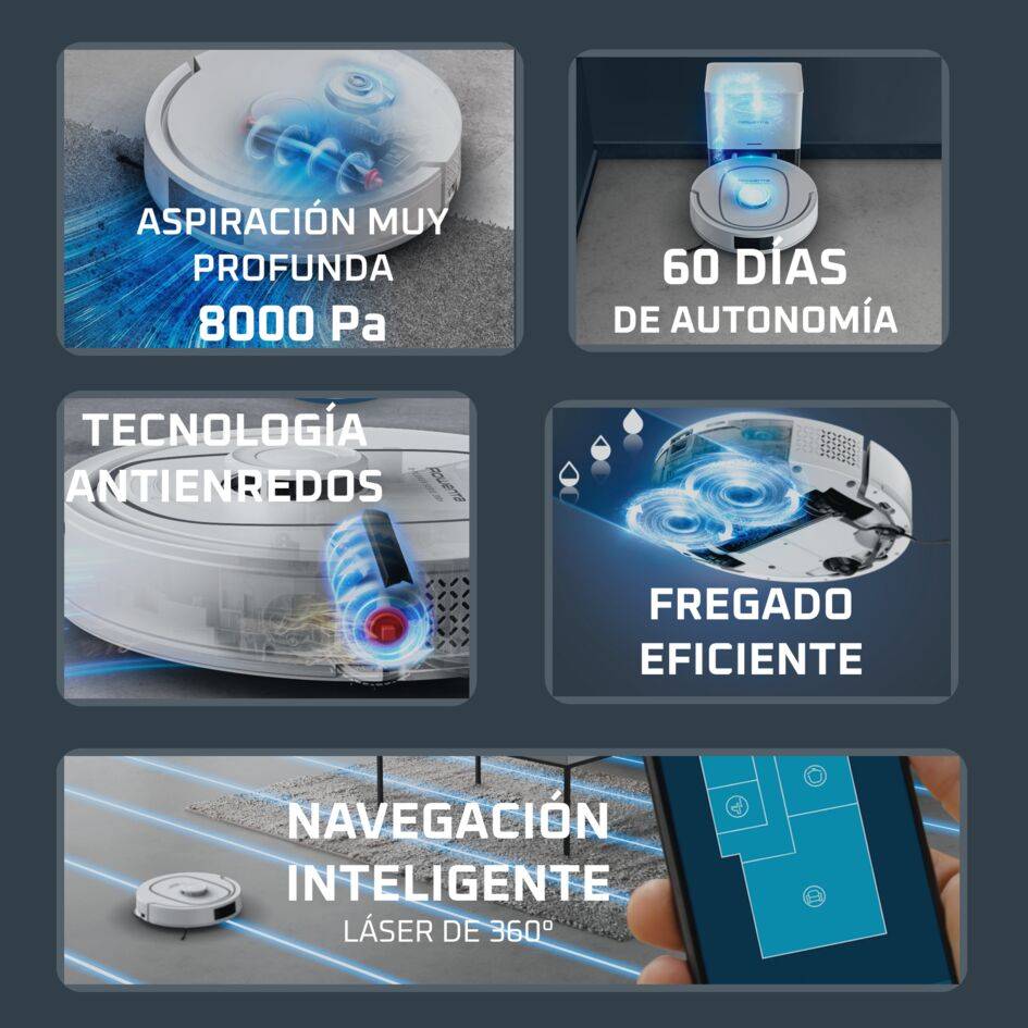 X-Plorer Serie 380+ de Rowenta, Aspiradora Robot, Modelo Animal & Allergy, Ultra Aspiración Profunda, Vaciado Automático de Polvo