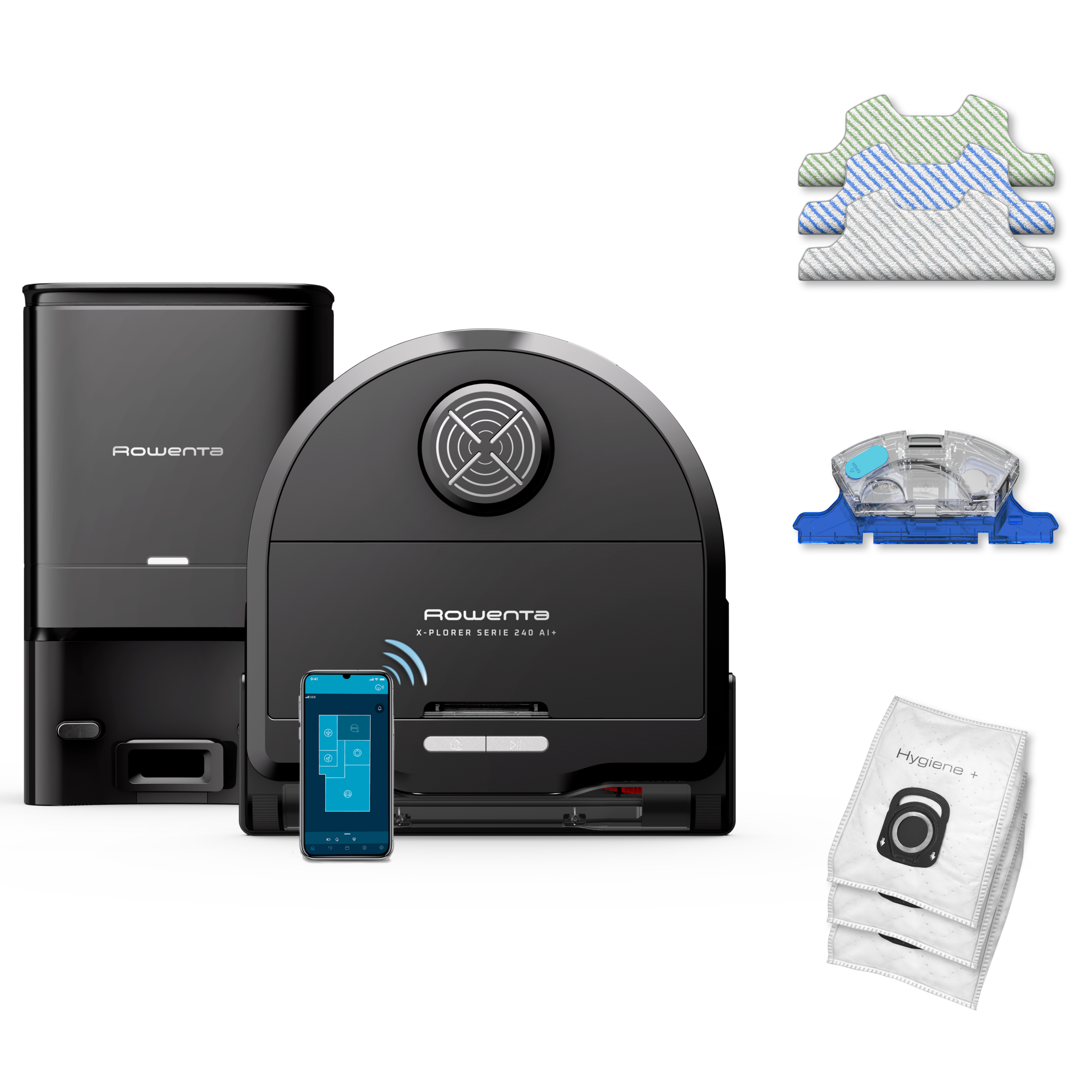 X-Plorer Serie 240+ AI de Rowenta, Robot Aspirador, Modelo Animal & Allergy, Cepillo Eléctrico Animal de Gran Formato, Mopa Vibratoria, Diseño de ángulo recto para acceder a todos las esquinas