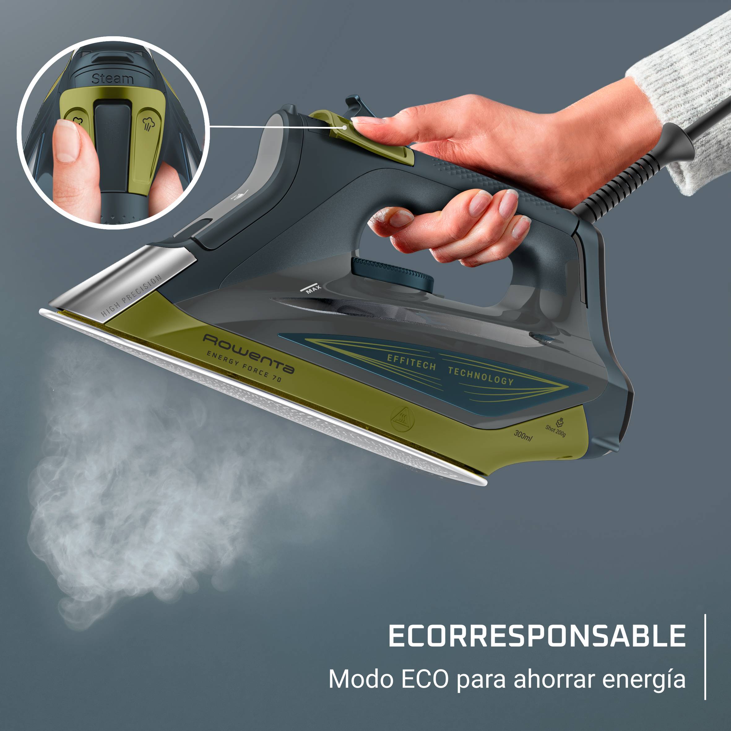 Energy Force 70 de Rowenta, Plancha de vapor, potente golpe de vapor de 200 g/min, ahorro de energía