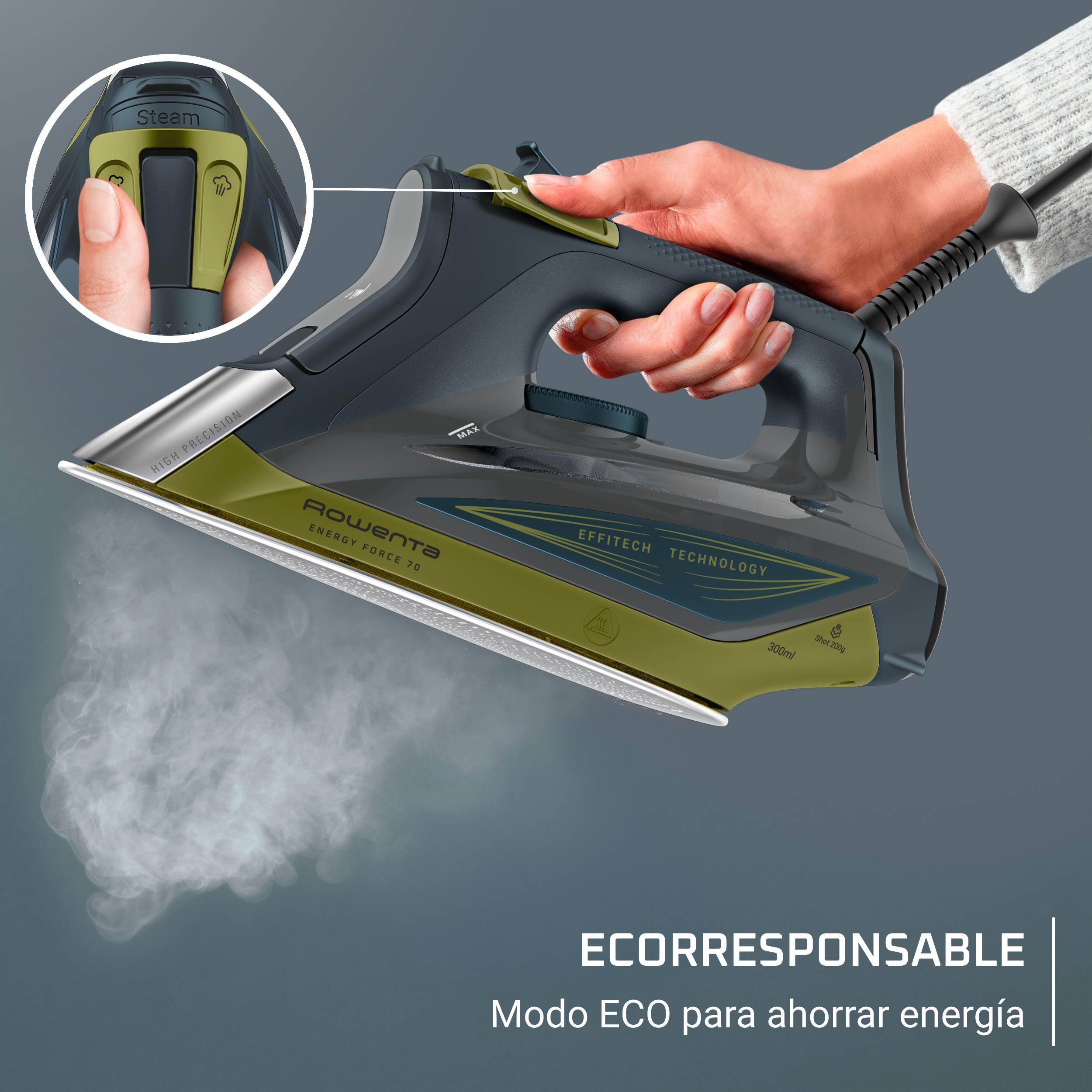 Energy Force 70 de Rowenta, Plancha de vapor, potente golpe de vapor de 200&nbsp;g/min, ahorro de energía