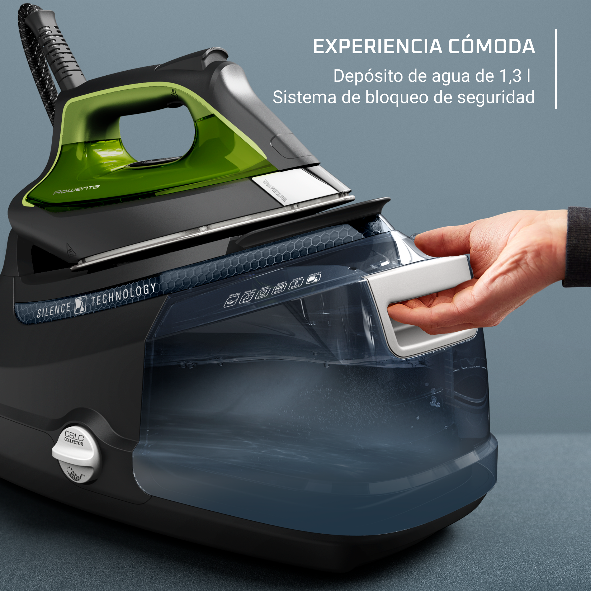 <p>Rowenta centro de planchado Silence Steam Pro con 8 bares de presión, golpe de vapor de 600 g/min, desinfecta tus prendas, 2800 W de potencia, DG9248F0 </p>