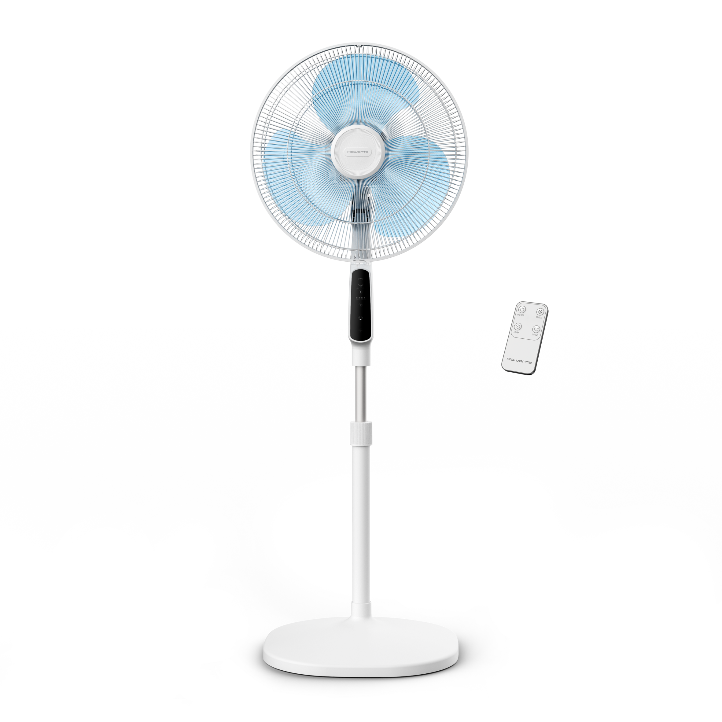 Essential + Stand de Rowenta, Ventilador de pie, Flujo de aire potente, Silencioso, 3 velocidades, Oscilación automática, Control remoto