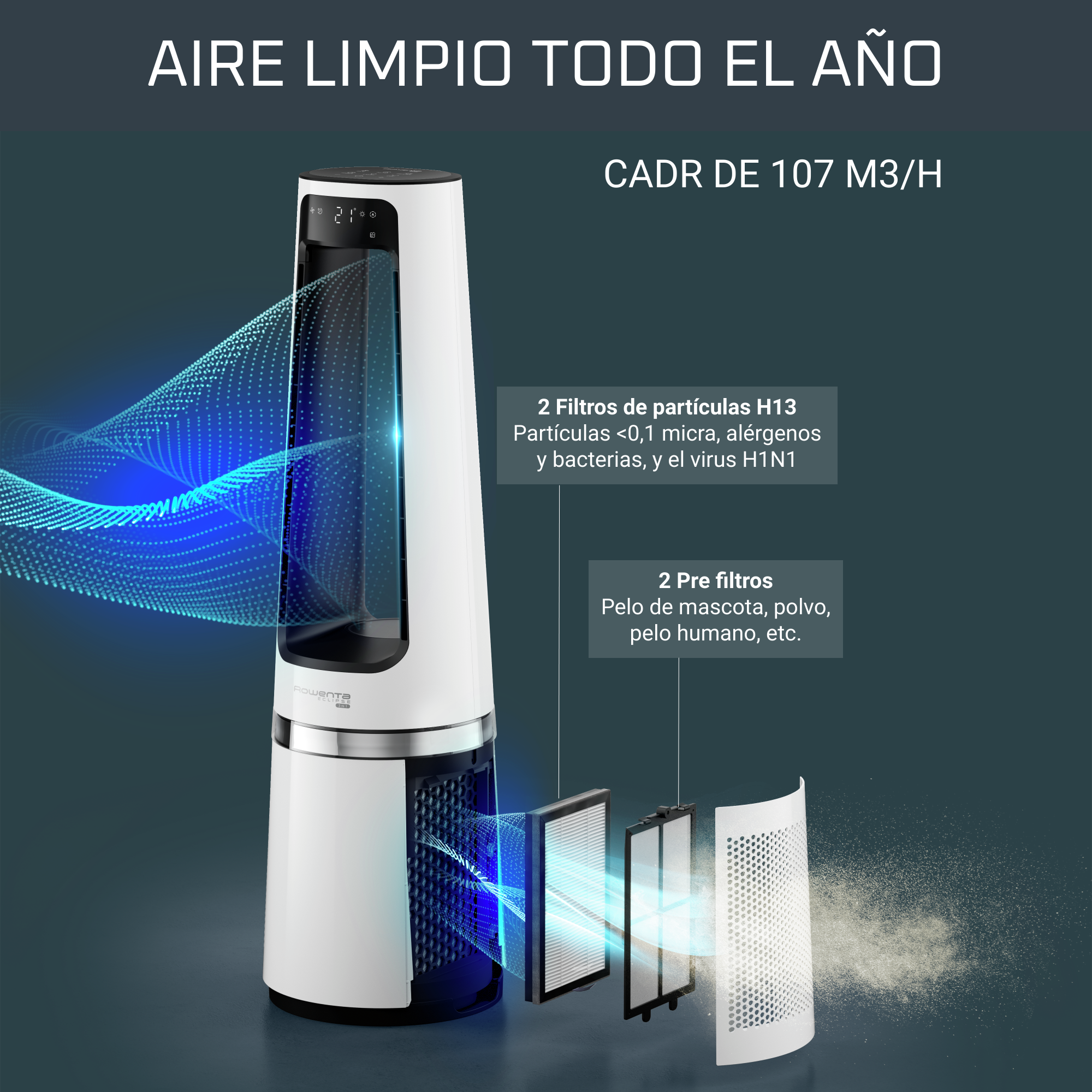 Eclipse 3 en 1, Purificador, ventilador y calefactor, Blanco