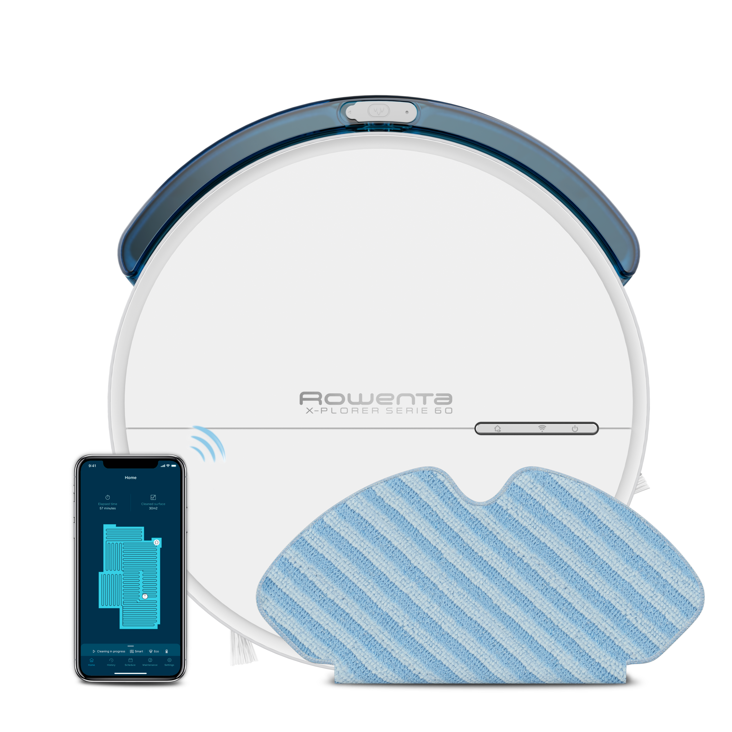 X-Plorer Serie 60 de Rowenta, Robot Aspirador, Navegación Inteligente, Diseño Compacto Ultraplano, Acción de Limpieza 4 en 1, Mopa Aqua Force, Allergy Care, Conectividad Wifi, Compatibilidad con Asistentes de Voz, Aplicación Gratuita